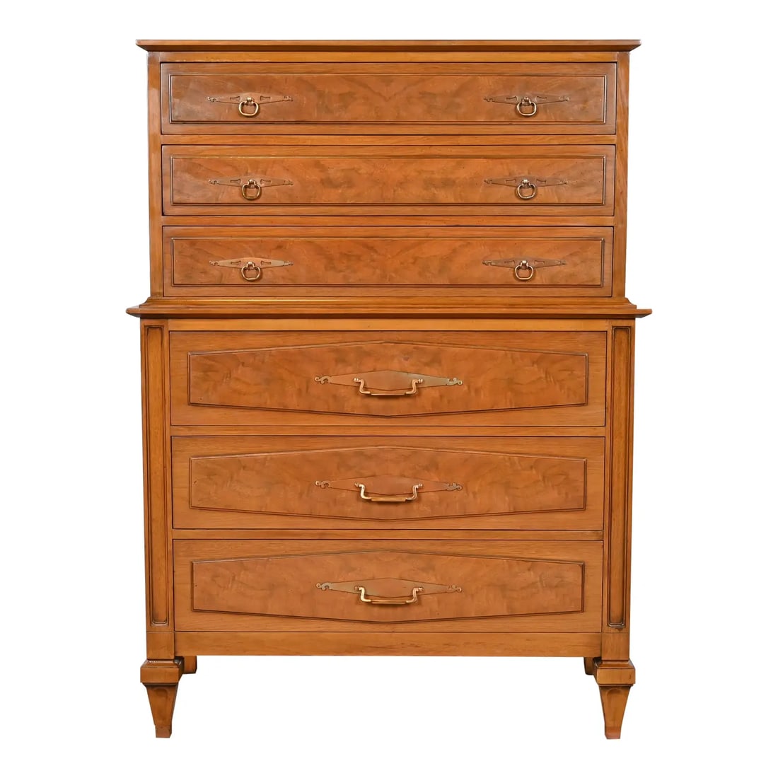 Romweber Mid-Century Hollywood Regency Walnut and Burl Wood Highboy Dresser, Circa 1960s: A gorgeous Mid-Century Modern Hollywood Regency six-drawer highboy dresser By Romweber Furniture USA, Circa 1960s Walnut, with inlaid burled walnut, and original brass hardware. Measures: 40.5"W x 20.