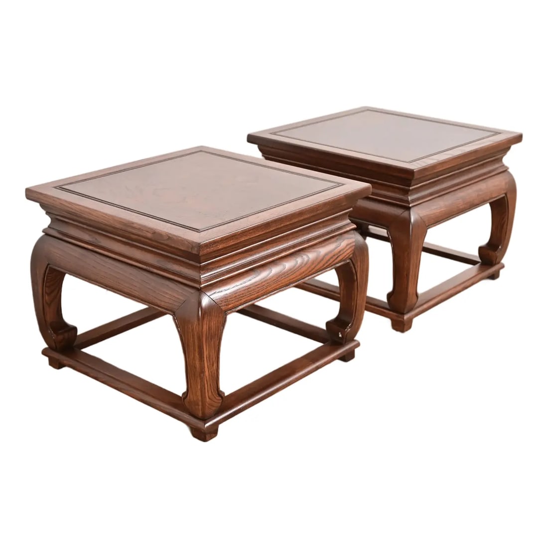 Michael Taylor for Baker Furniture Hollywood Regency Chinoiserie Burl Wood Side Tables: A gorgeous pair of mid-century modern Hollywood Regency Chinoiserie occasional side tables By Michael Taylor for Baker Furniture, "Far East Collection" USA, Circa 1960s Carved solid elm wood, with bur