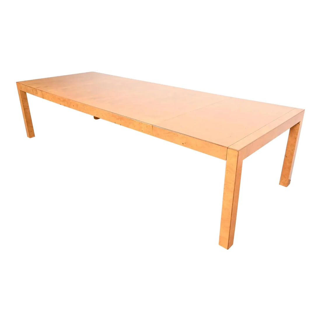 John Widdicomb Mid-Century Modern Burl Wood Parsons Extension Dining Table, Newly Refinished: An exceptional Mid-Century Modern burled olive wood Parsons extension dining tableBy John WiddicombUSA, Circa 1970sMeasures: 72"W x 45"D x 29.38"H. Extends up to 120"W with two 24"