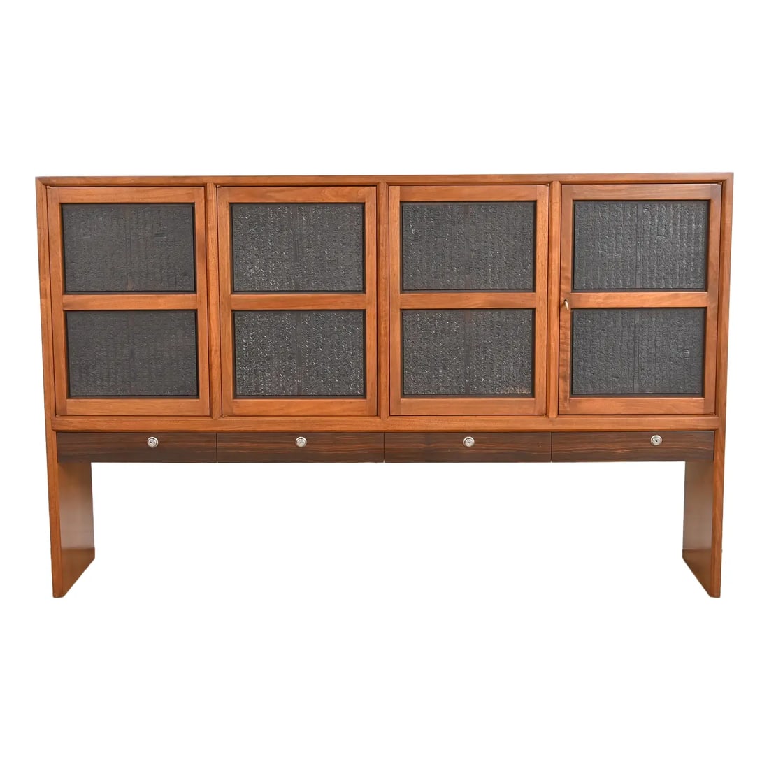 Edward Wormley for Dunbar Walnut and Rosewood Cabinet With Chinese Printing Blocks, 1950s: An exceptional Mid-Century Modern sideboard, credenza, or bar cabinetBy Edward Wormley for Dunbar FurnitureUSA, 1950sGorgeous walnut, with rosewood drawers, and antique Chinese print blocks. Cabinets