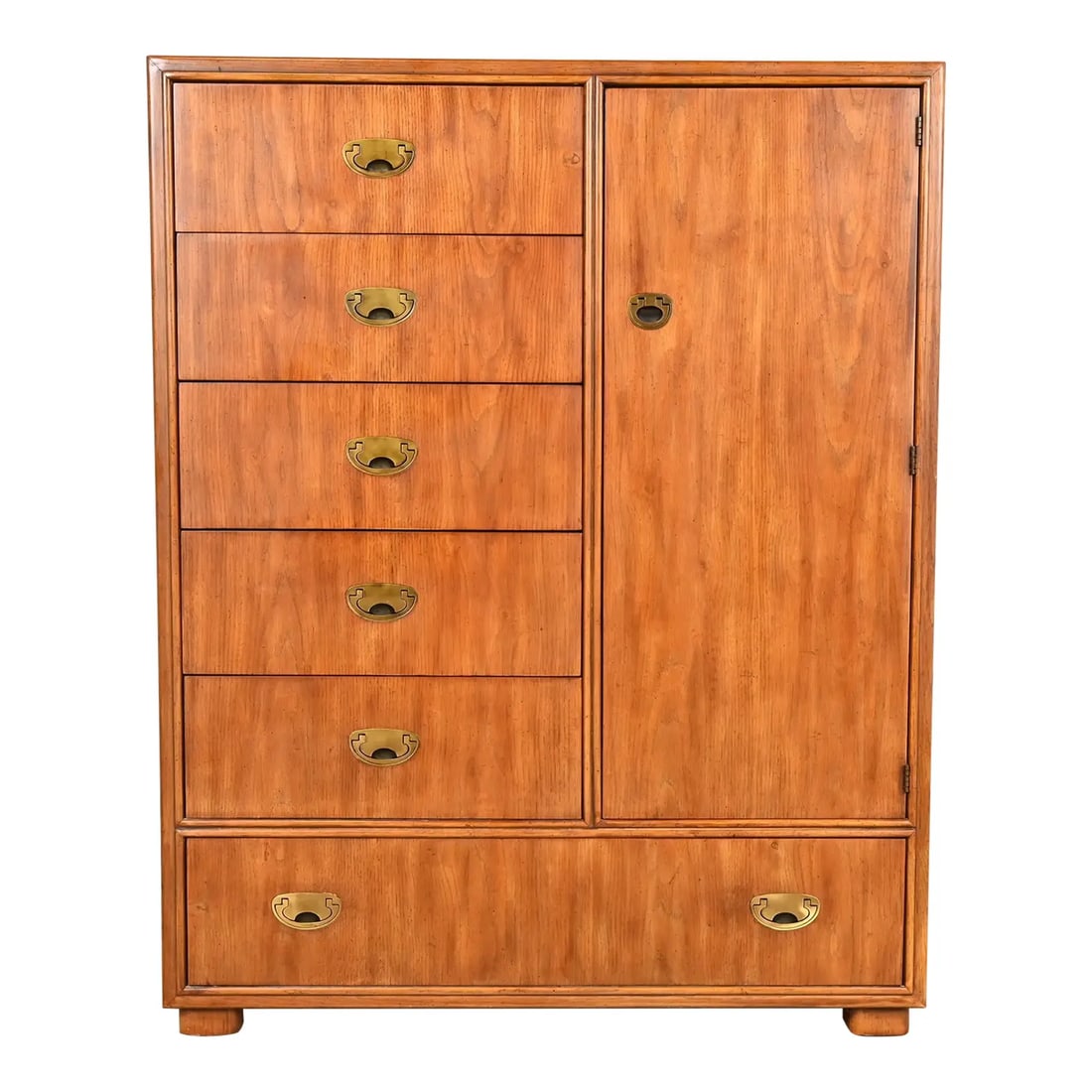 Drexel Heritage Hollywood Regency Campaign Oak Gentleman's Chest or Armoire Dresser: A gorgeous mid-century modern Hollywood Regency Campaign style armoire dresser or gentleman's chest By Drexel Heritage USA, Circa 1980s Oak, with original brass hardware. Shelves are adjustable Measur