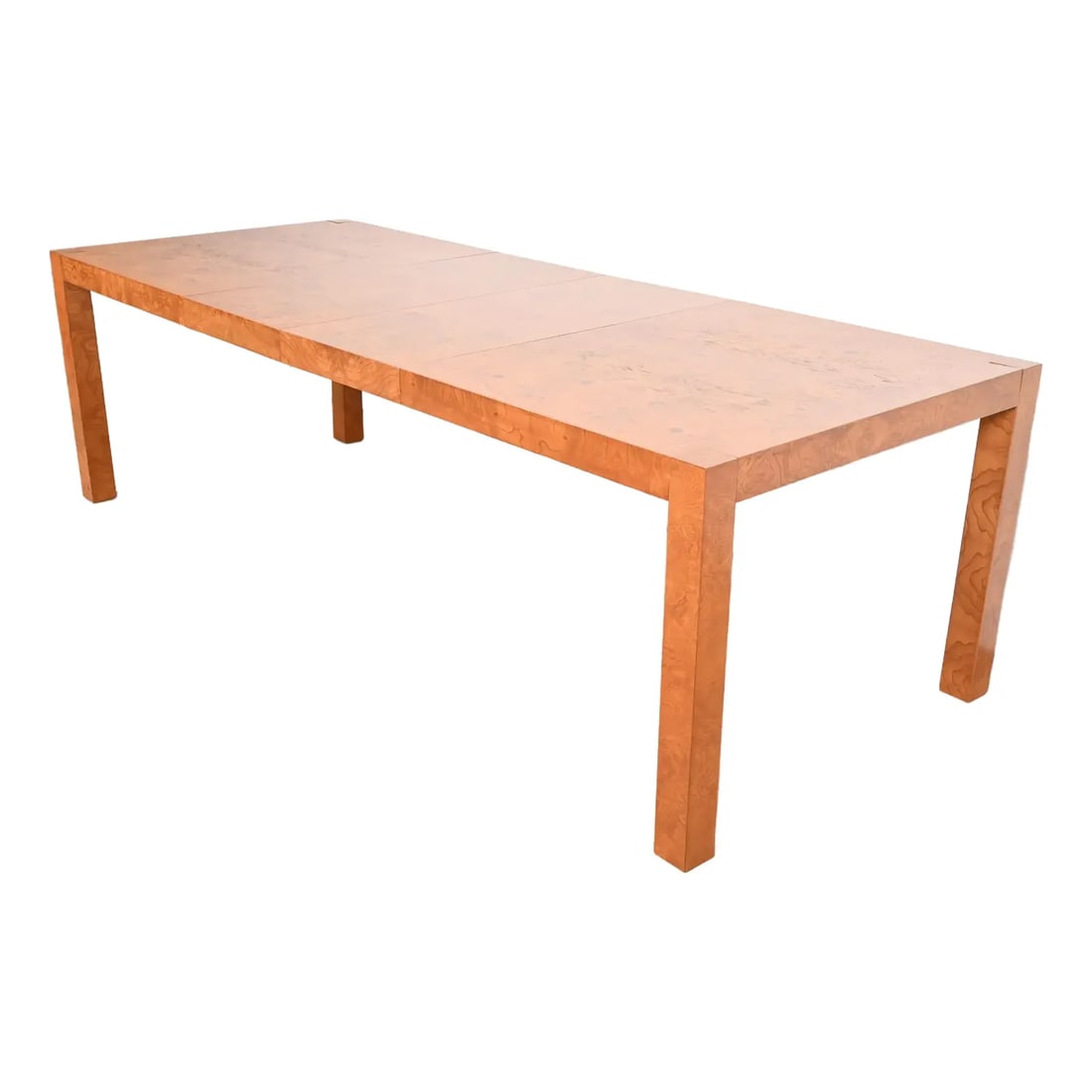 Milo Baughman Style Burl Wood Parsons Extension Dining Table by Lane, Newly Refinished: An exceptional Mid-Century Modern Parsons extension dining table in gorgeous book-matched burled olive woodIn the manner of Milo BaughmanBy Lane FurnitureUSA, Circa 1970sMeasures: 64"W x 40"D x 30"H.