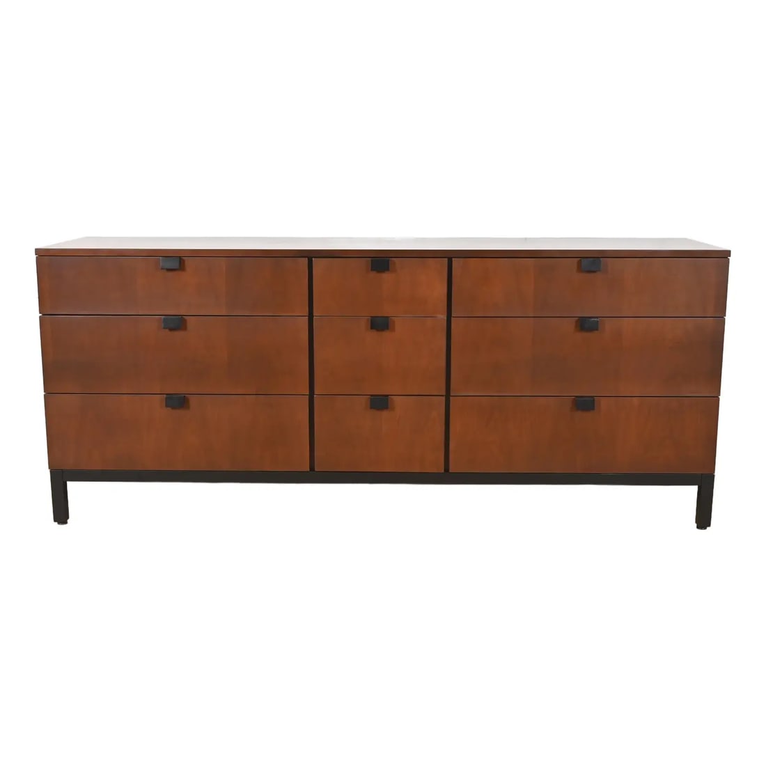 Milo Baughman for Directional Walnut and Ebonized Nine-Drawer Dresser, Newly Refinished: An exceptional Mid-Century Modern nine-drawer dresser or credenzaBy Milo Baughman for DirectionalUSA, 1960sGorgeous book-matched walnut, with ebonized base, legs, and drawer pulls.Measures: 72"W x