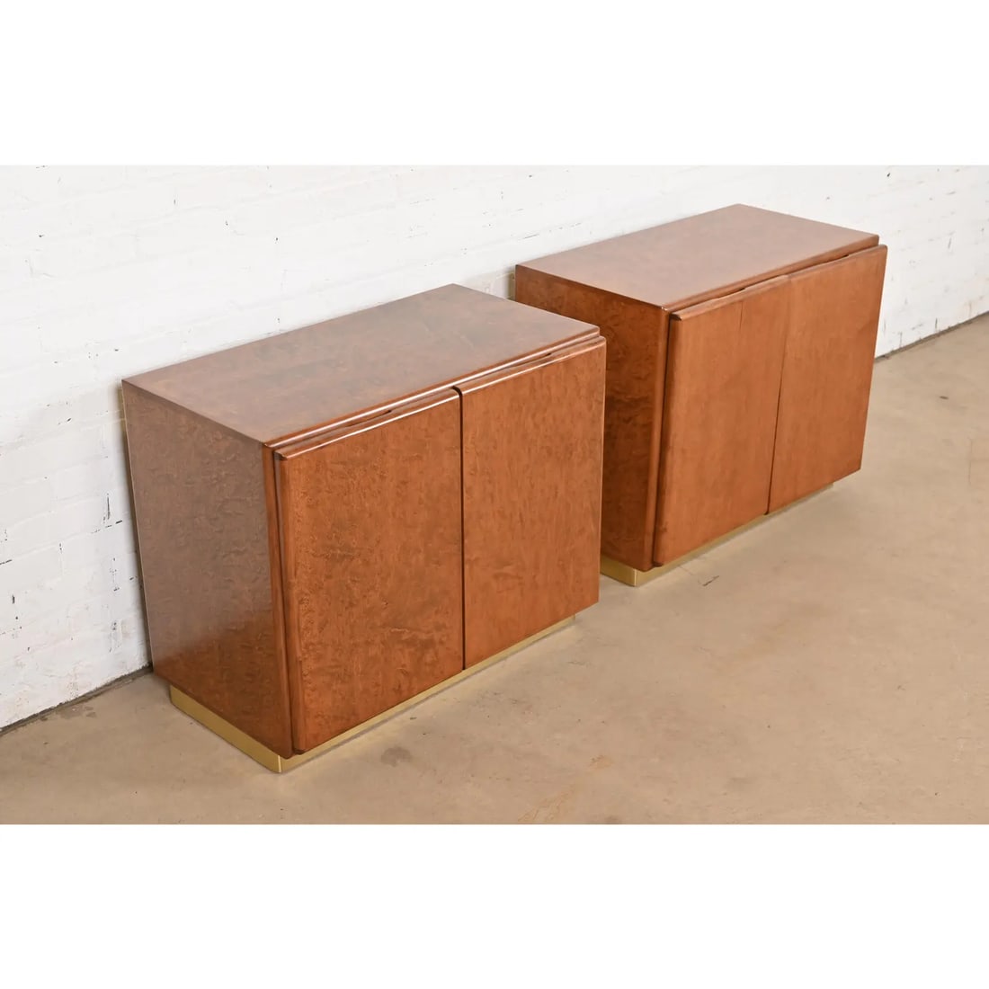 Milo Baughman for Thayer Coggin Burl Wood and Brass Bedside Chests, Newly Refinished - 4