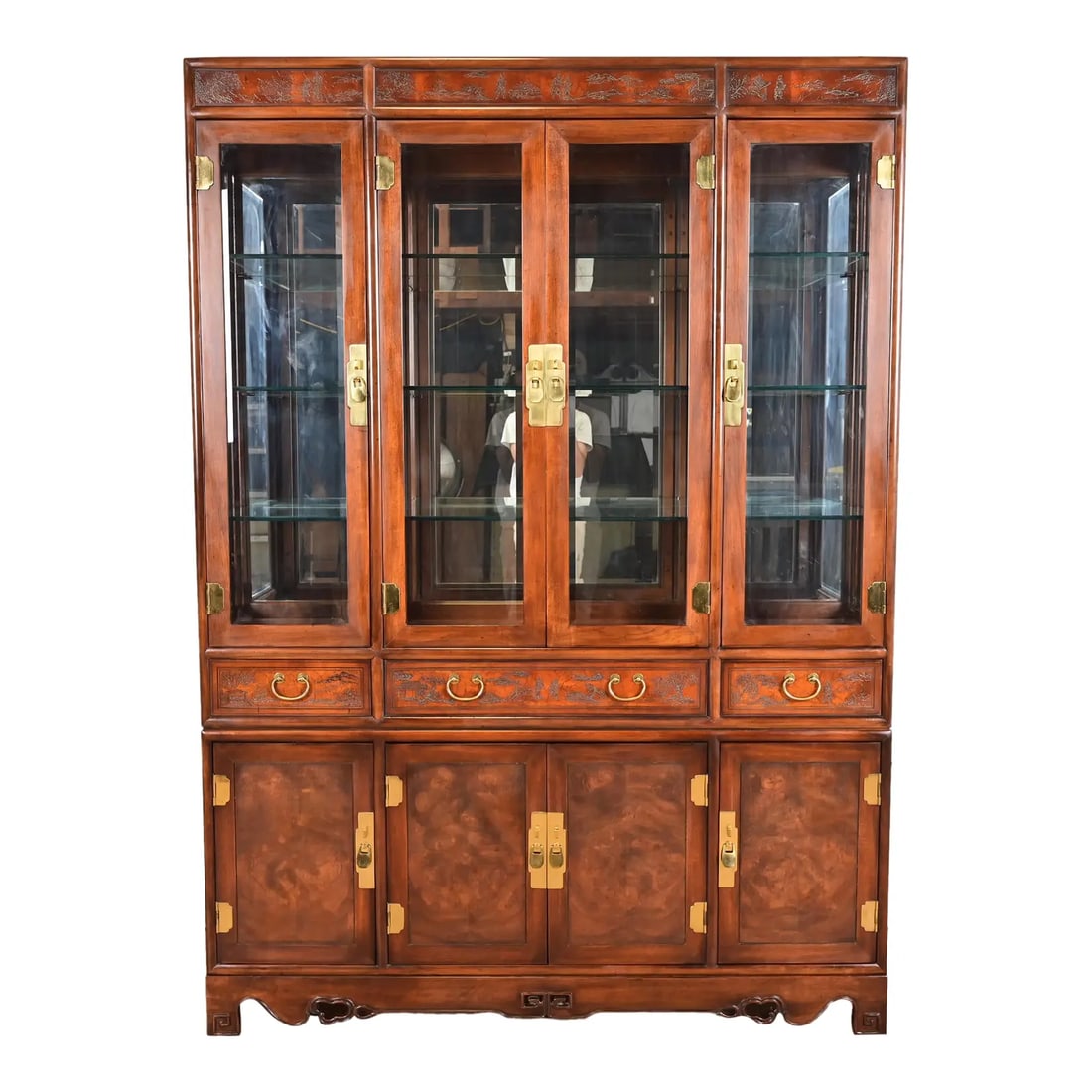 Drexel Heritage Hollywood Regency Chinoiserie Burled Mahogany Lighted Bookcase or Display Cabinet (1 of 16)