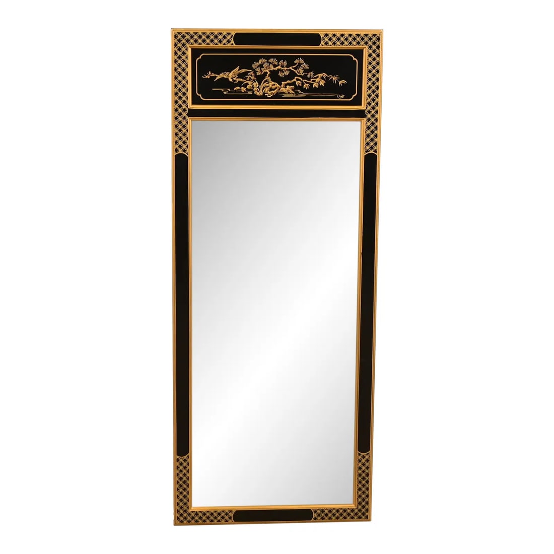 Drexel Heritage Hollywood Regency Chinoiserie Hand-Painted Black Lacquered Tall Wall Mirror: A gorgeous Hollywood Regency Chinoiserie tall wall mirror By Drexel Heritage USA, Circa 1980s Black lacquered mahogany, with hand-painted Chinese scenes. Measures: 17.75"W x 1.25"D x 43.75"H. Very goo
