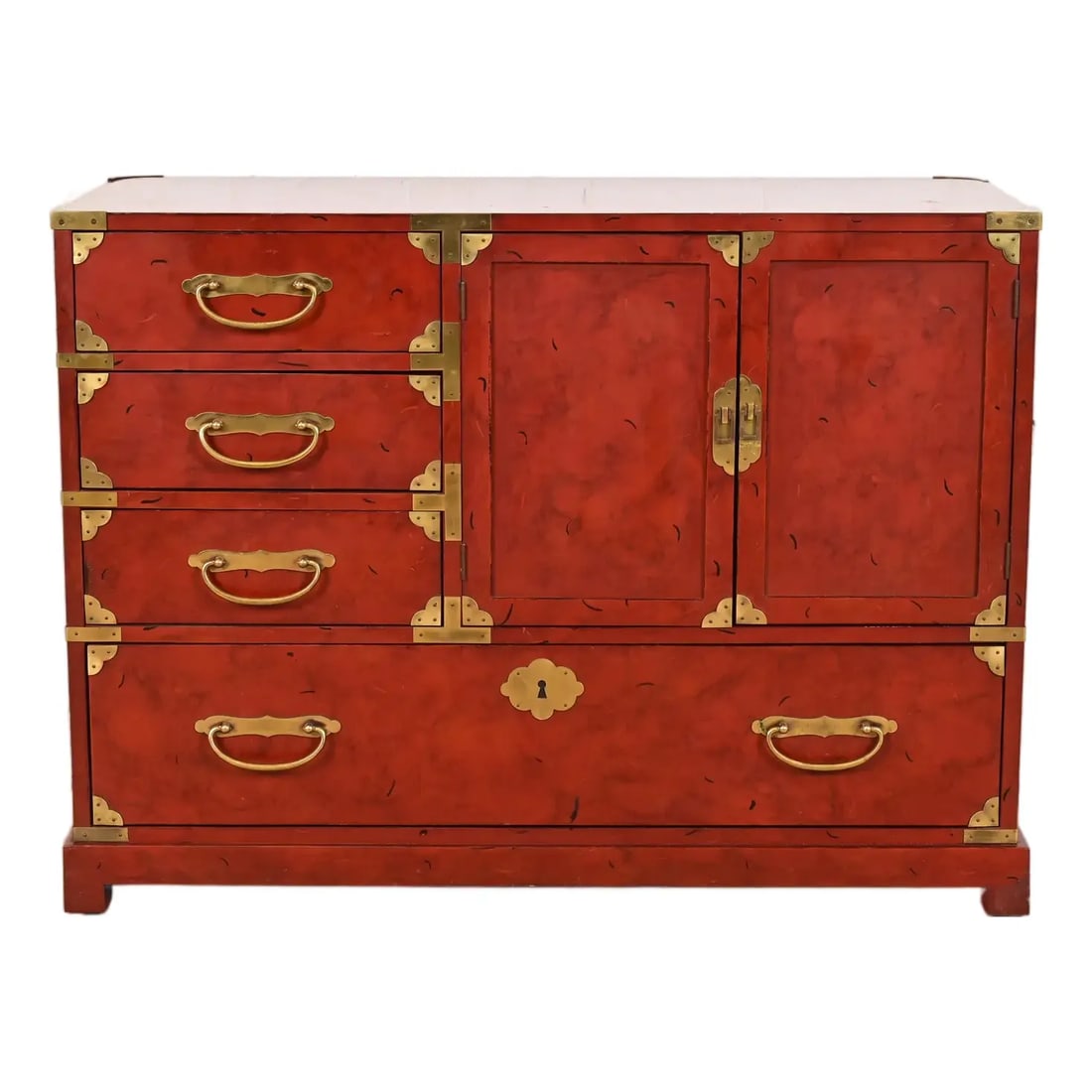 Century Furniture Hollywood Regency Chinoiserie Red Lacquered Commode or Chest of Drawers: A gorgeous mid-century modern Hollywood Regency Chinoiserie commode or chest of drawers By Century Furniture USA, Circa 1970s Red lacquered wood, with original Asian-inspired brass hardware. Measures: