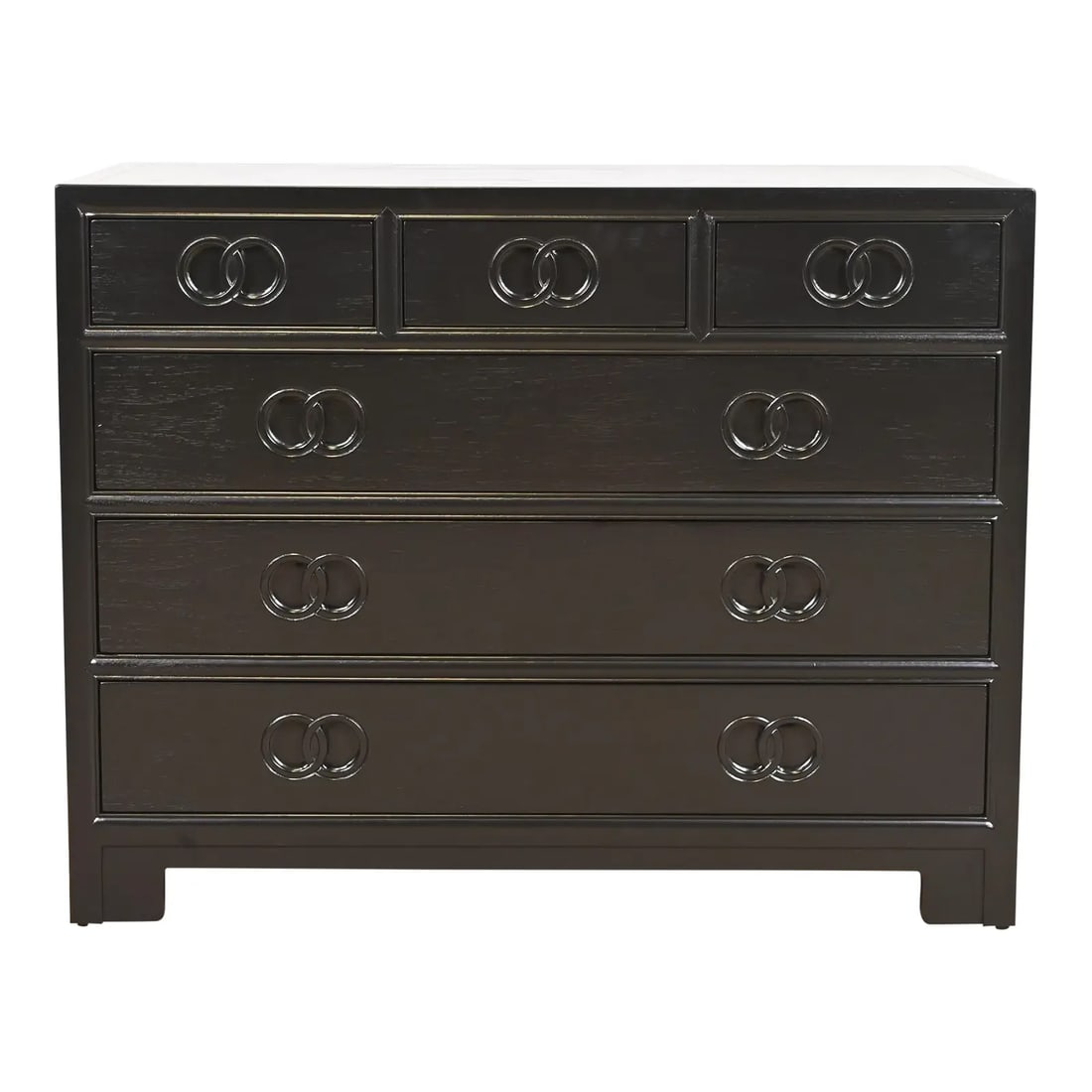 Michael Taylor for Baker Far East Collection Black Lacquered Dresser Chest, Newly Refinished: A stunning mid-century modern Hollywood Regency Chinoiserie six-drawer dresser, chest of drawers, or sideboard serverBy Michael Taylor for Baker Furniture, "Far East" CollectionUSA, 1960sBlack