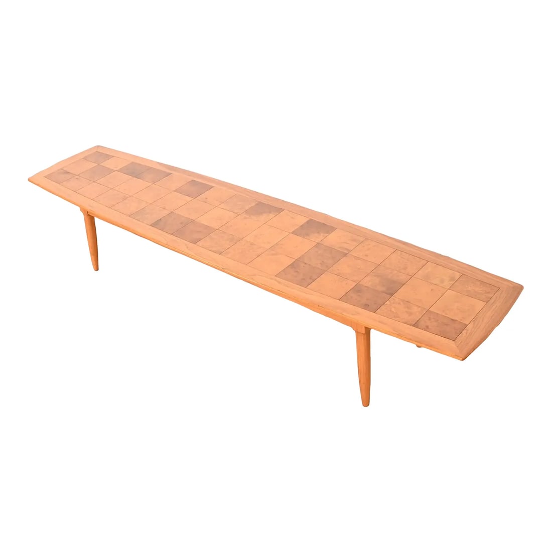 Tomlinson Sophisticate Mid-Century Modern Patchwork Burl Wood Extra Long Surfboard Coffee Table: A sleek and stylish Mid-Century Modern extra long surfboard coffee tableBy Tomlinson, "Sophisticate" CollectionUSA, 1950sWalnut, with gorgeous inlaid patchwork burl wood top.Measures: 74.75"W x 17"D