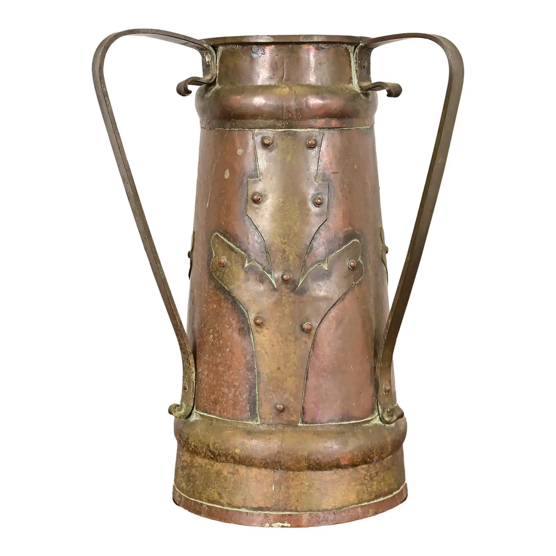Stickley Brothers Antique Arts & Crafts Three-Handled Large Copper and Brass Vase: A gorgeous Arts & Crafts period Russian three-handled hammered copper and brass large vase or tankard with applied stylized flowers Imported and retailed by Stickley Brothers Circa 1903 Measures: 9"W