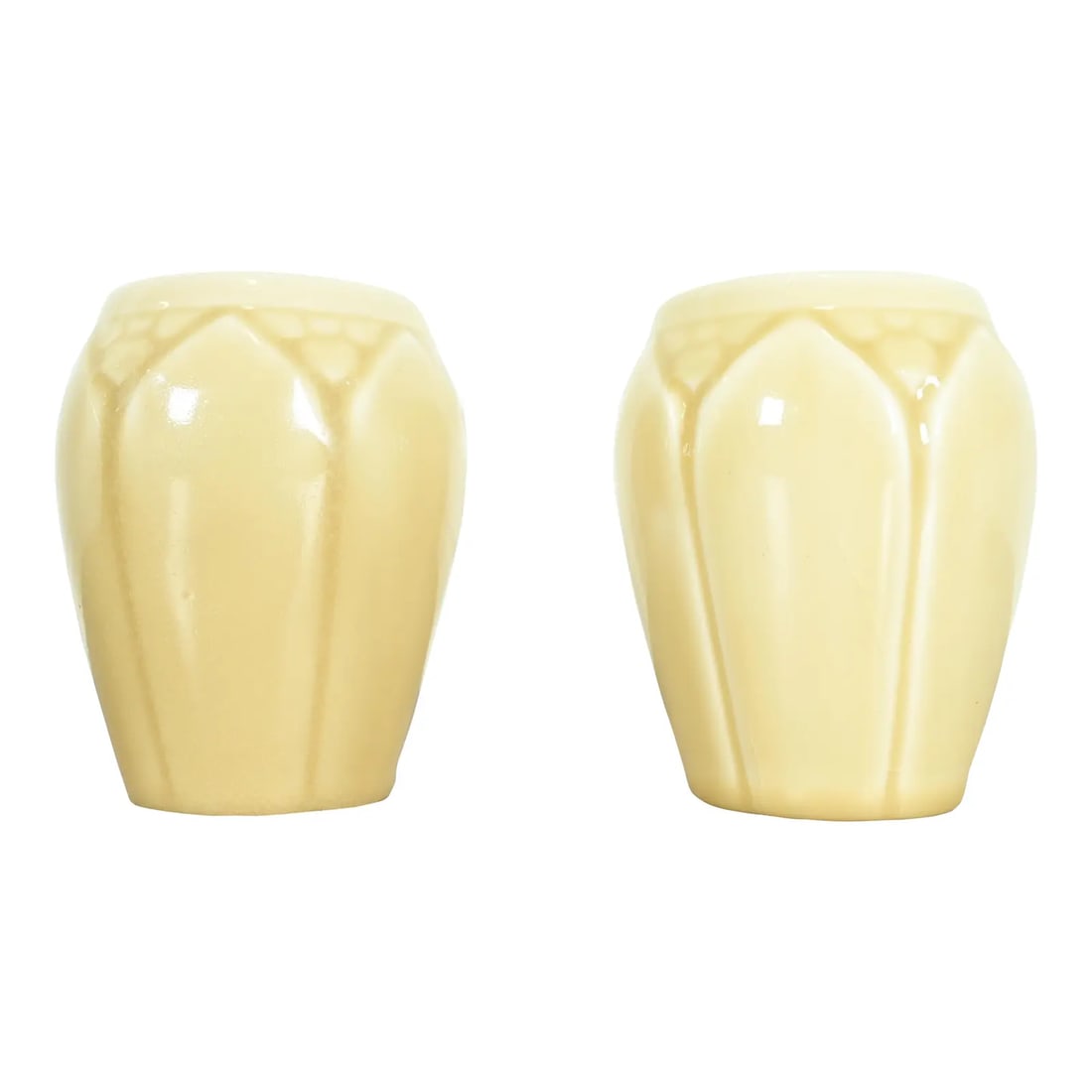 Rookwood Pottery Arts & Crafts Glazed Ceramic Vases, 1944: A gorgeous pair of Arts & Crafts or Art Deco period glazed art pottery vases By Rookwood Pottery USA, 1944 Glazed ceramic, in a beautiful cream color. Measures: 3.5"W x 3.5"D x 4.5"H. Good original vi