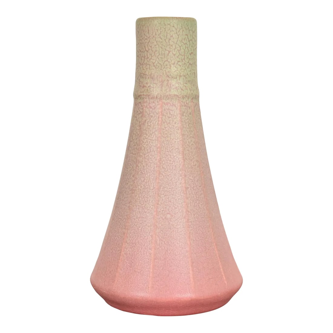 Rookwood Pottery Arts & Crafts Glazed Ceramic Vase, Circa 1910: A gorgeous Arts & Crafts or Art Deco period glazed art pottery inverted trumpet vase By Rookwood Pottery USA, Circa 1910 Glazed ceramic, in a beautiful light pink color with light green accent. Measur
