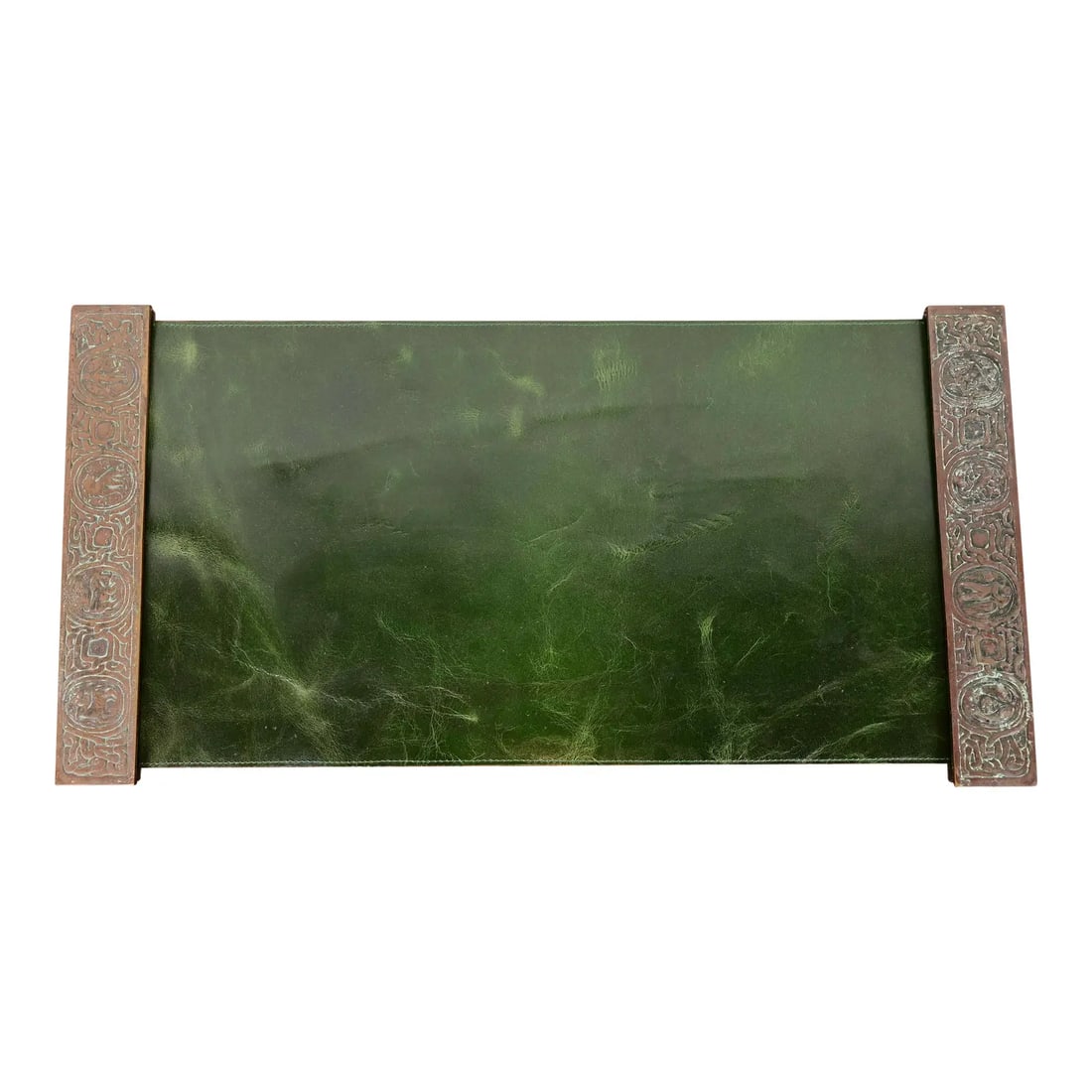 Tiffany Studios New York Zodiac Bronze Blotter Ends With Leather Desk Blotter: A gorgeous pair of Art Deco or Arts & Crafts period patinated bronze blotter ends featuring symbols of the Zodiac with a custom green leather desk pad By Tiffany Studios (signed to the underside) New