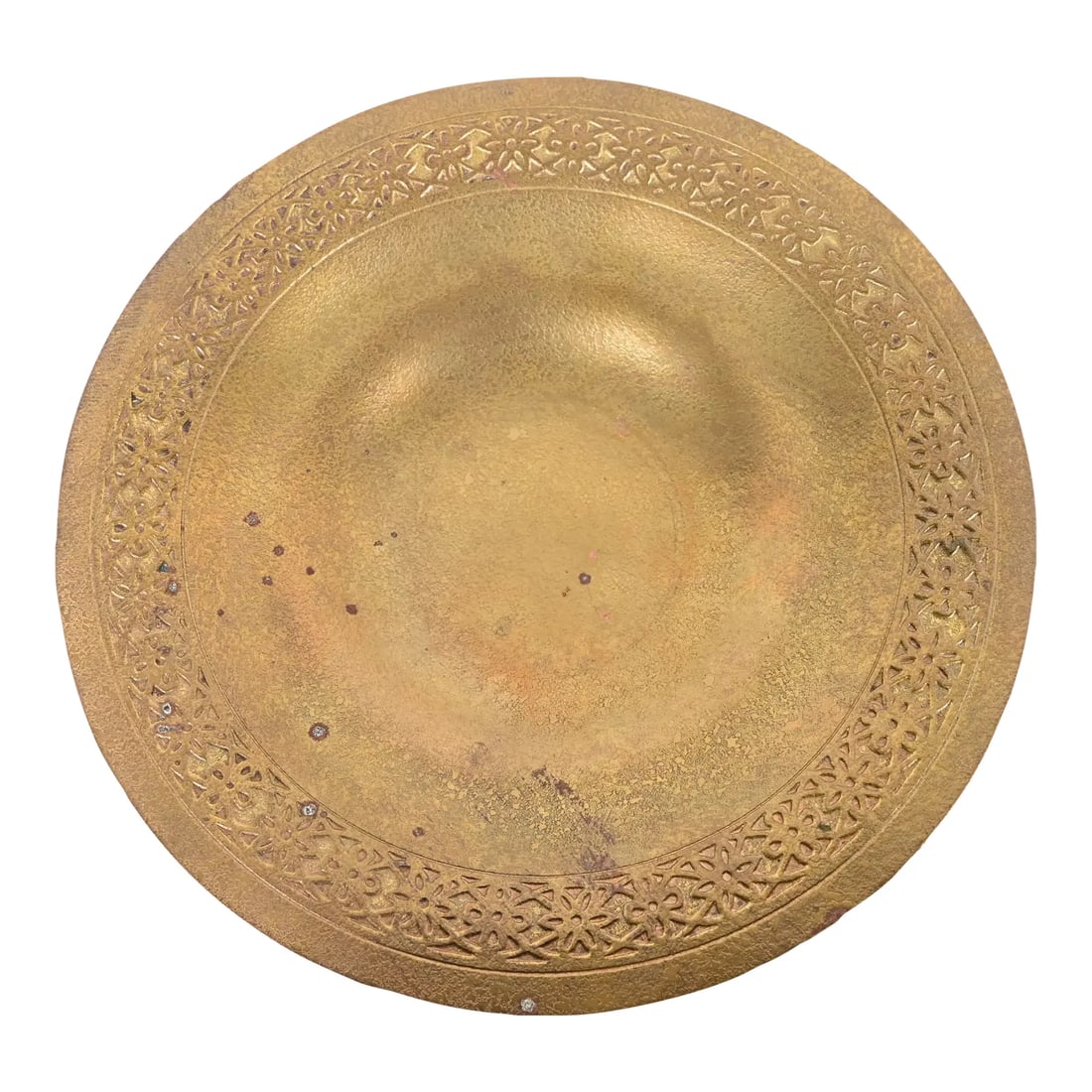 Tiffany Studios New York Bronze Doré Shallow Bowl or Plate With Decorative Border: A gorgeous Arts & Crafts or Art Deco period gilt bronze shallow bowl or plate By Tiffany Studios (signed to the underside) New York, USA, Early 20th Century Each measures: 9"W x 9"D x 1.38"H. Good ori