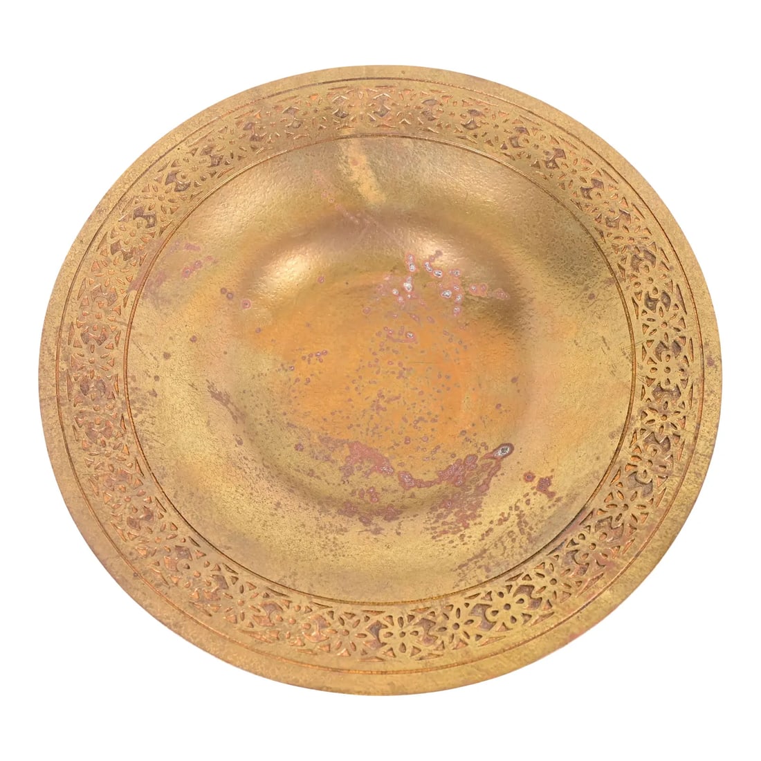 Tiffany Studios New York Bronze Doré Shallow Bowl or Plate With Decorative Border: A gorgeous Arts & Crafts or Art Deco period gilt bronze shallow bowl or dish with decorative border By Tiffany Studios (signed to the underside) New York, USA, Early 20th Century Measures: 9"W x 9"D x