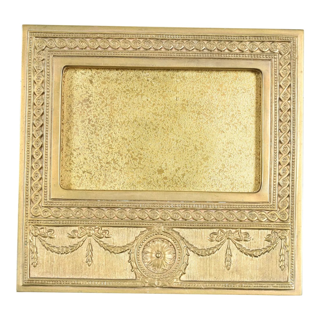 Tiffany Studios New York Adam Pattern Bronze Doré Desk Calendar Frame or Picture Frame: A gorgeous antique gilt bronze Neoclassical or Adam style desk calendar frame or picture frame By Tiffany Studios (signed to the back) New York, USA, Early 20th Century Measures: 6.5"W x 3.5"D x 6"H V