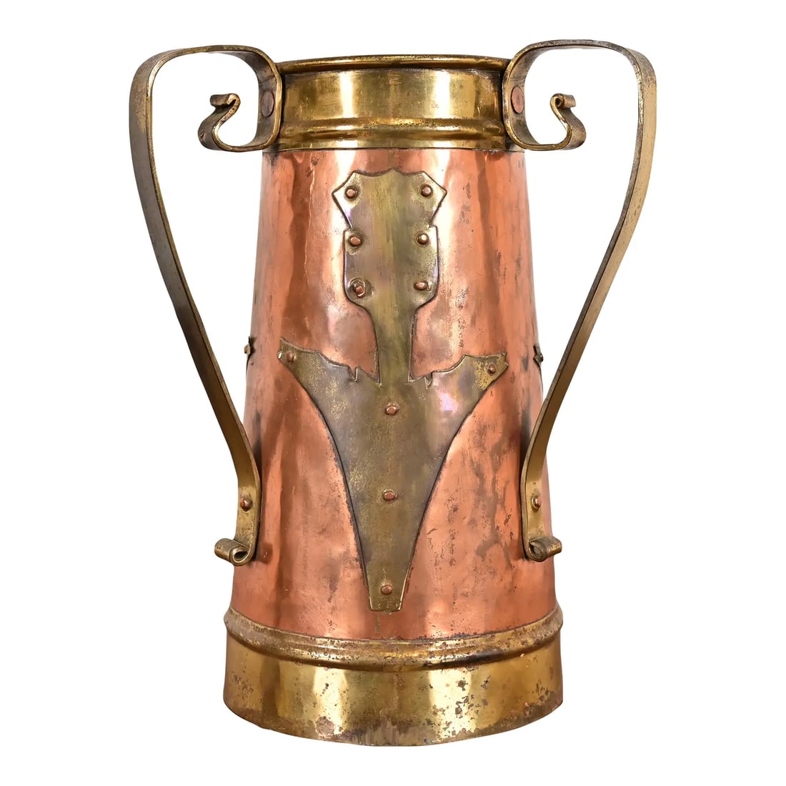 Antique Stickley Brothers Arts & Crafts Three-Handled Large Copper and Brass Vase: A gorgeous Arts & Crafts period Russian three-handled hammered copper and brass large vase with applied stylized flowers Imported and retailed by Stickley Brothers Circa 1903 Measures: 10"W x 10"D x 1