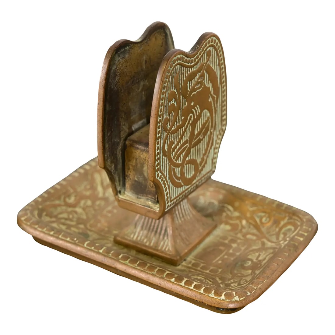 Marshall Field & Co. Antique Viking Bronze Match Box Holder, Circa 1910: A gorgeous Art Deco or Arts & Crafts period "Viking" collection bronze match box holder In the manner of Tiffany Studios By Marshall Field & Co. (signed to the underside) USA, Circa 1910 Measures: 4.5