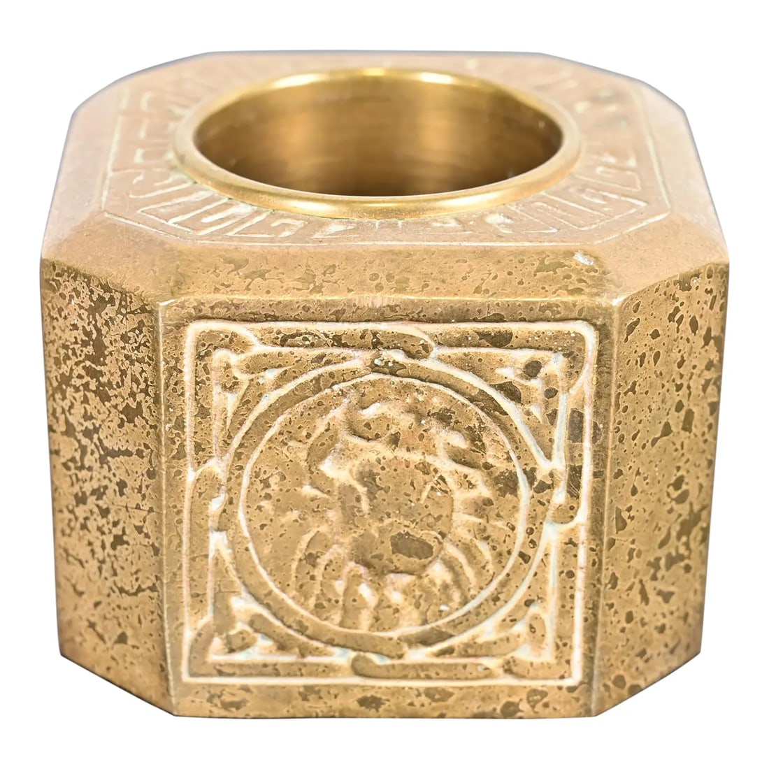 Tiffany Studios New York Zodiac Bronze Doré Pen Brush Holder: A gorgeous antique Arts & Crafts or Art Deco period gilt bronze pen brush holder featuring Zodiac designs By Tiffany Studios (signed to the underside) New York, USA, Early 20th Century Measures: 3"W x
