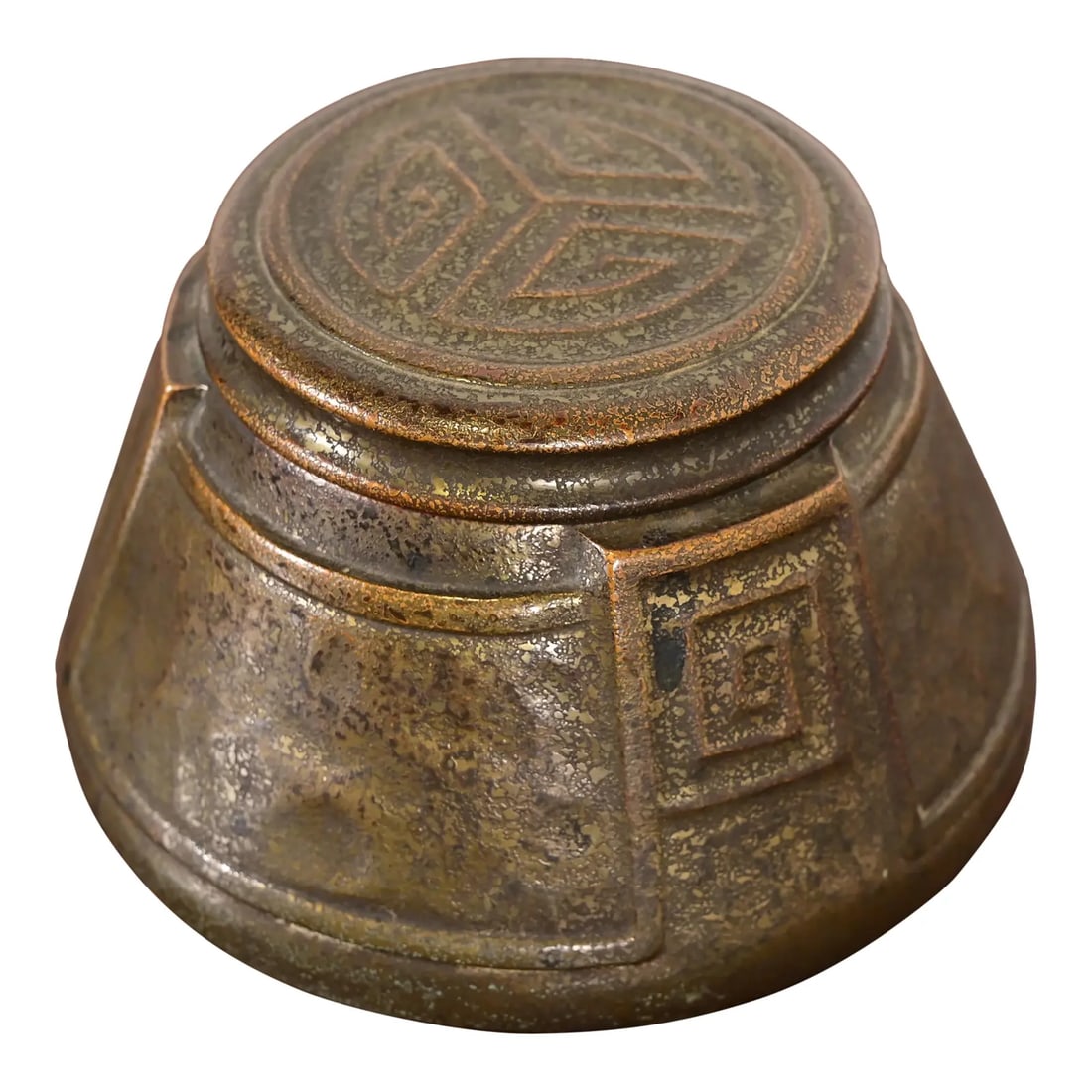 Tiffany Studios New York Greek Key Bronze Inkwell: A gorgeous antique Arts & Crafts or Art Deco period bronze inkwell featuring Greek key designs By Tiffany Studios (signed to the underside) New York, USA, Early 20th Century Measures: 5.25"W x 5.25"D