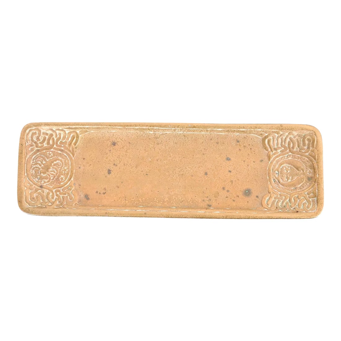 Tiffany Studios New York Zodiac Bronze Doré Pen Tray: A gorgeous antique Arts & Crafts or Art Deco period gilt bronze pen tray featuring Zodiac designs By Tiffany Studios (signed to the underside) New York, USA, Early 20th Century Measures: 10"W x 3.25"D