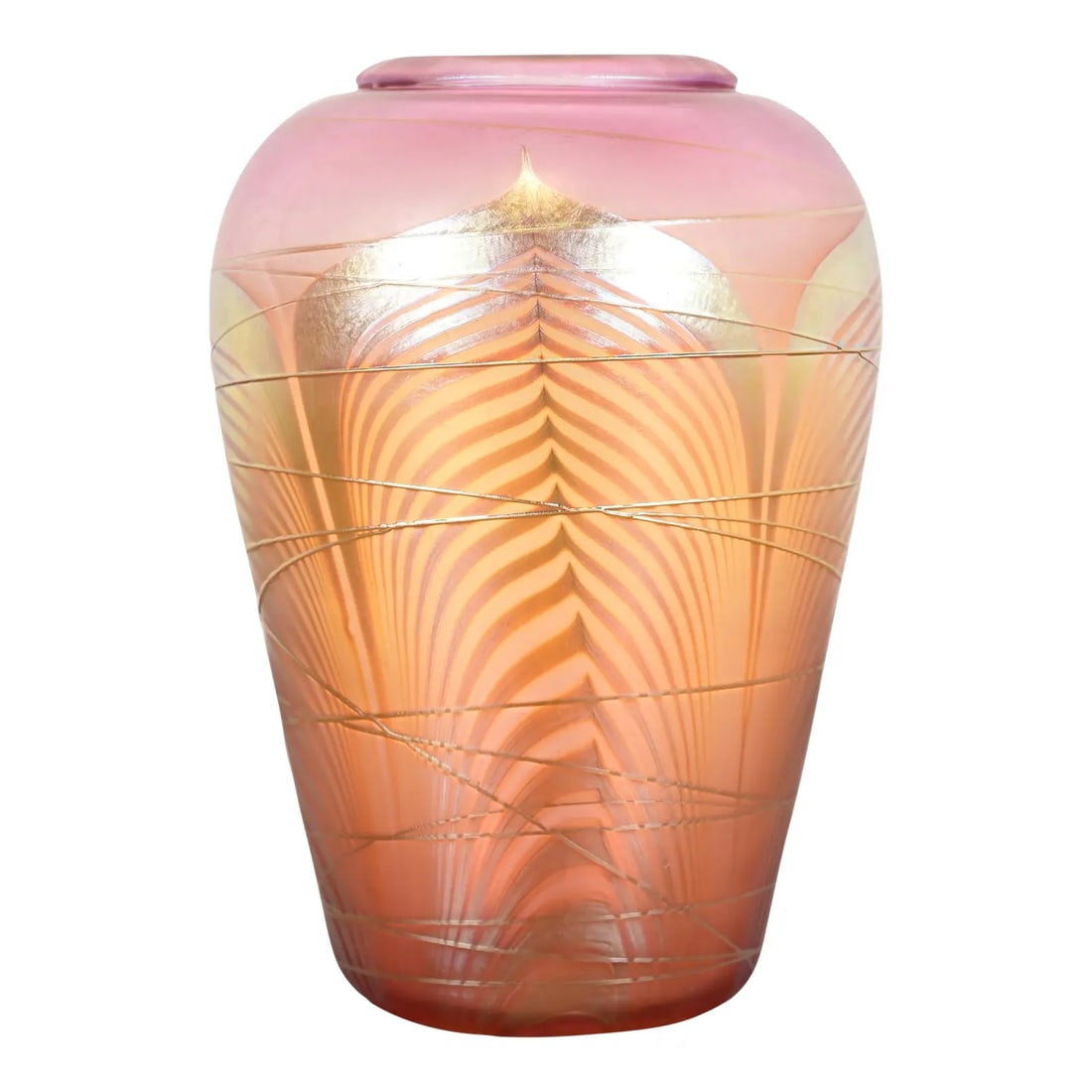 Louis Comfort Tiffany Style Iridescent Art Glass Pulled Feather Vase by Stephen Correia: A gorgeous Arts & Crafts or Art Nouveau period Favrile iridescent art glass vase with pulled feather design. In the manner of Louis Comfort Tiffany By Steven Correia USA, Circa 1980s Measures: 5.5"W x