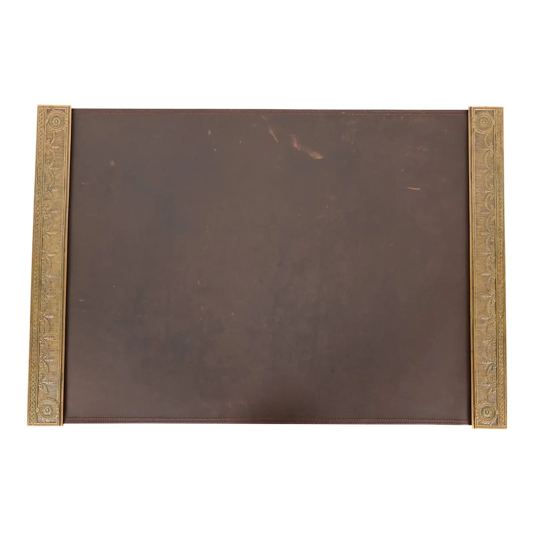 Tiffany Studios New York "Adam" Pattern Bronze Doré Blotter Ends With Leather Desk Blotter: A gorgeous pair of Art Deco or Arts & Crafts period gilt bronze blotter ends in the "Adam" pattern, with a custom brown leather desk pad By Tiffany Studios (each blotter end signed to the underside) N