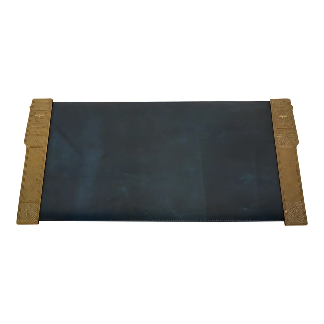 Tiffany Studios New York American Indian Bronze Doré Blotter Ends With Leather Desk Blotter: A gorgeous pair of Art Deco or Arts & Crafts period gilt bronze blotter ends in the "American Indian" pattern, with a custom blue leather desk blotter. By Tiffany Studios (signed to the underside of b