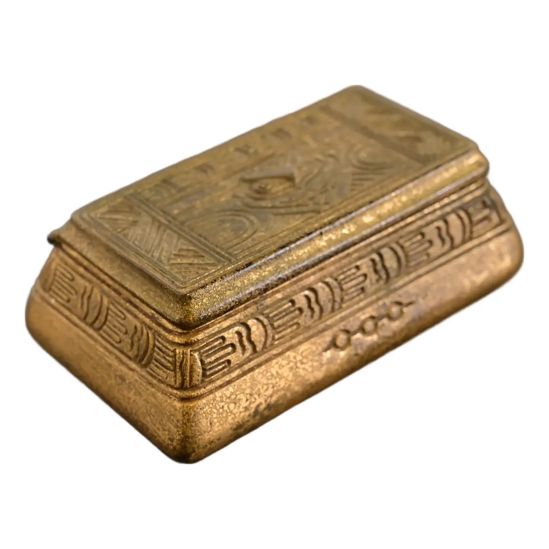 Tiffany Studios New York American Indian Pattern Bronze Doré Stamp Box: A gorgeous antique Arts & Crafts or Art Deco period gilt bronze "American Indian" pattern stamp box By Tiffany Studios (signed to the underside) New York, USA, Early 20th Century Measures: 5"W x 3"D x