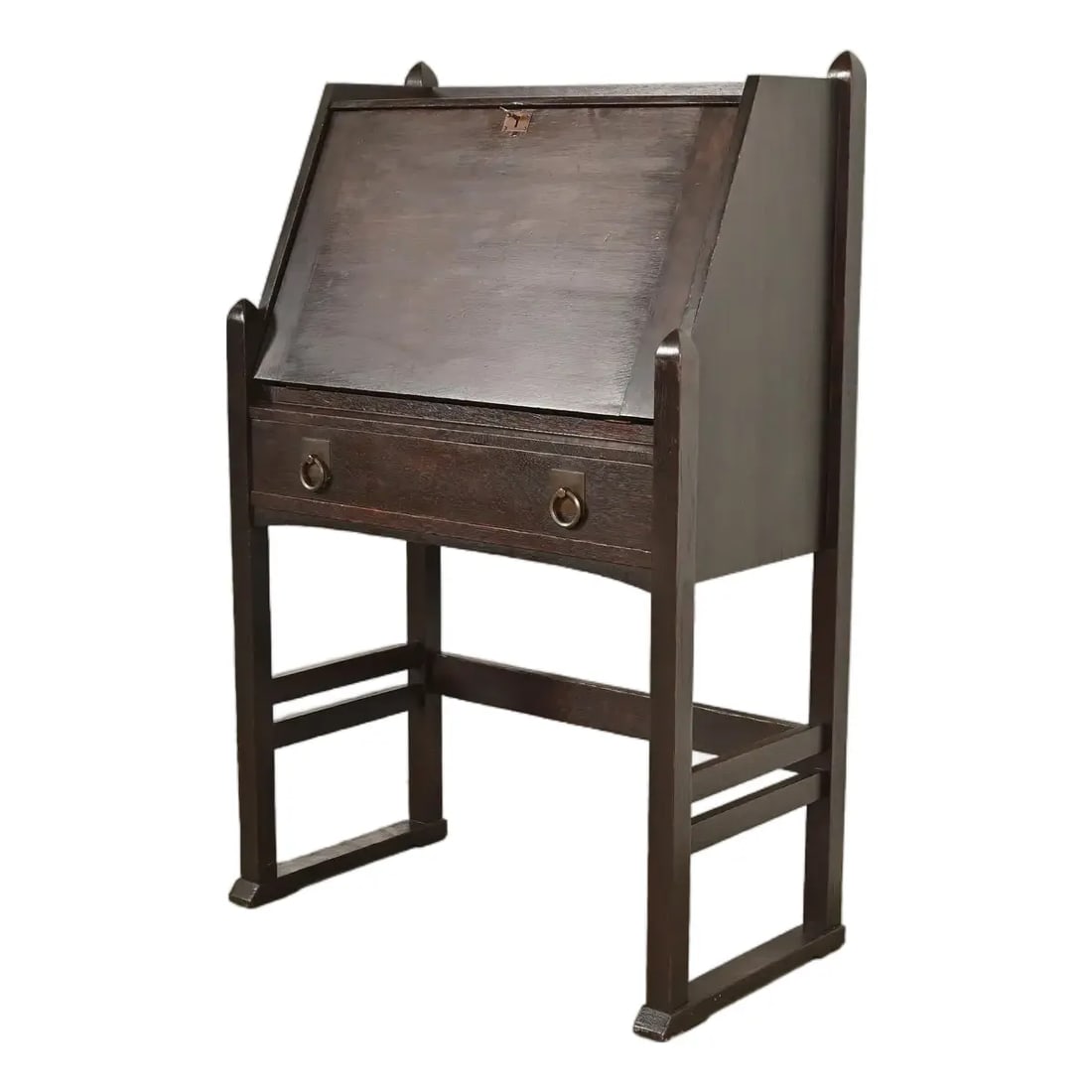 Stickley Brothers Antique Mission Oak Arts & Crafts Drop Front Secretary Desk, Circa 1910: A gorgeous antique Mission or Arts & Crafts period slant front writing desk or secretary desk By Stickley Brothers USA, Early 20th Century Quarter sawn oak, with original copper hardware. Measures: 29