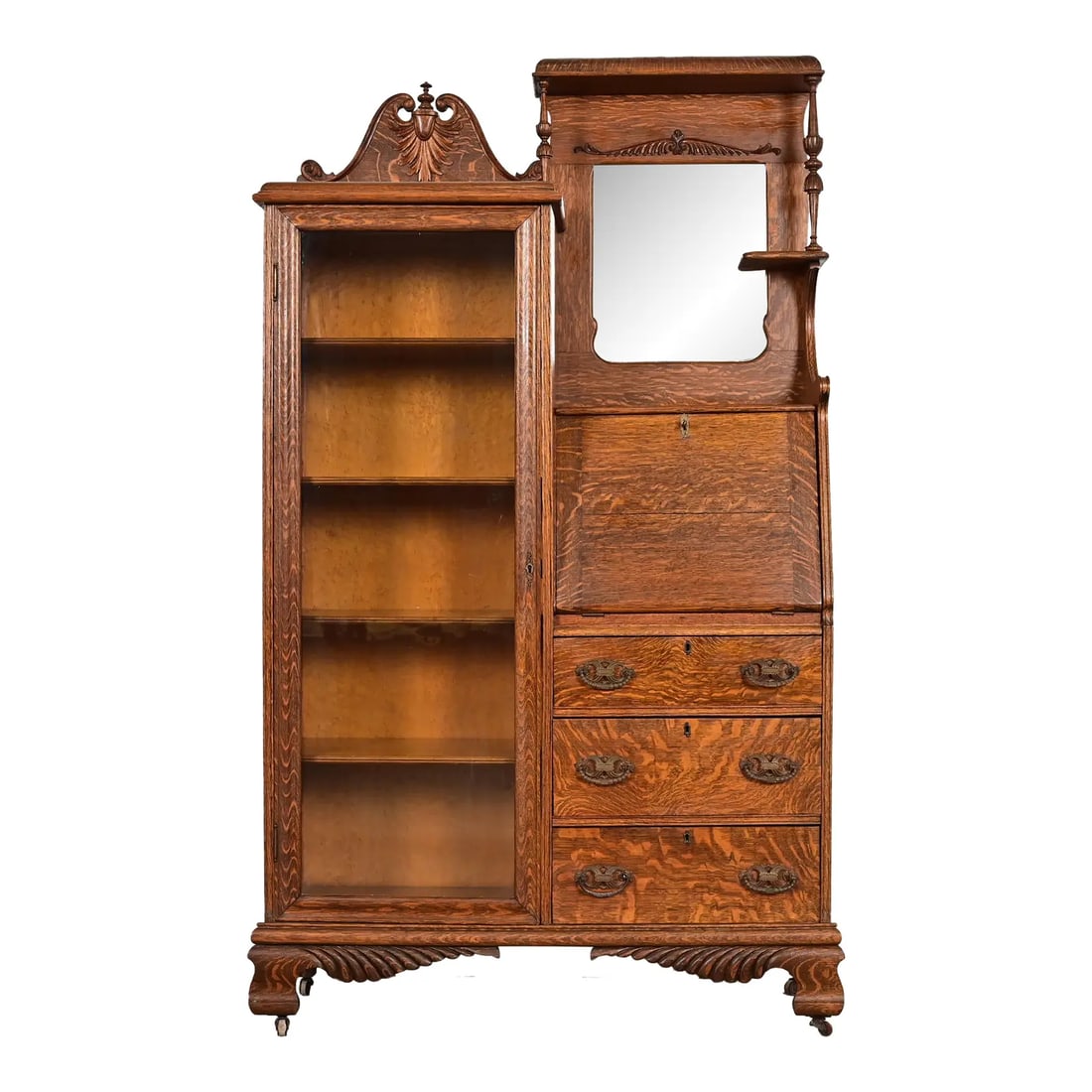 Antique Victorian Carved Tiger Oak Side-by-Side Bookcase With Drop Front Secretary Desk, Circa 1900 (1 of 16)