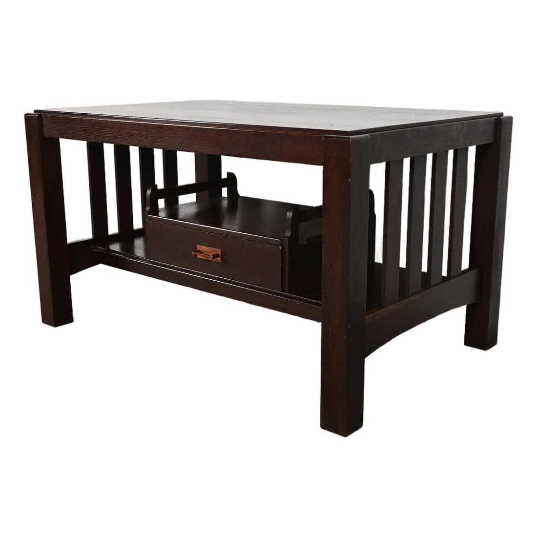 Limbert Style Antique Mission Oak Arts & Crafts Desk or Library Table, Circa 1910: A gorgeous antique Mission or Arts & Crafts period library table or writing desk In the manner of Charles P. Limbert Co. USA, Circa 1910 Quarter sawn oak, with original copper hardware. Measures: 49.7