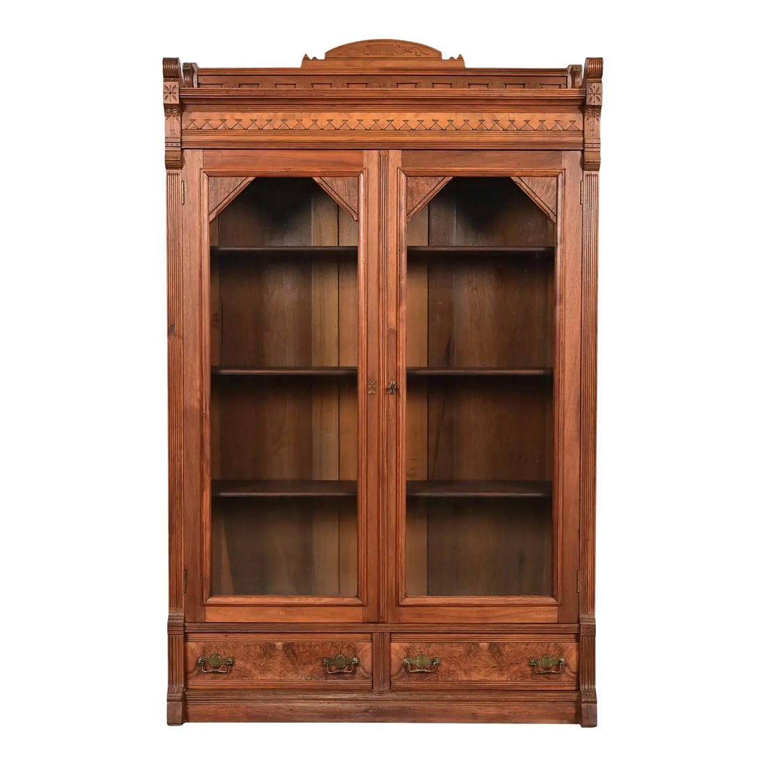Herter Brothers Style Antique Eastlake Victorian Carved Burled Walnut Bookcase, Circa 1880s (1 of 13)