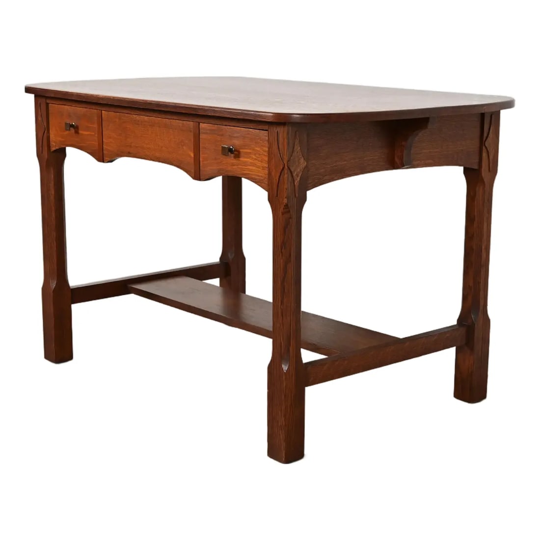Limbert Antique Mission Oak Arts & Crafts Writing Desk or Library Table, Circa 1910: An exceptional antique Mission or Arts & Crafts library table or writing desk By Charles P. Limbert Co. USA, Circa 1910 Quarter sawn oak, with original hammered copper hardware. Measures: 48"W x 28"D