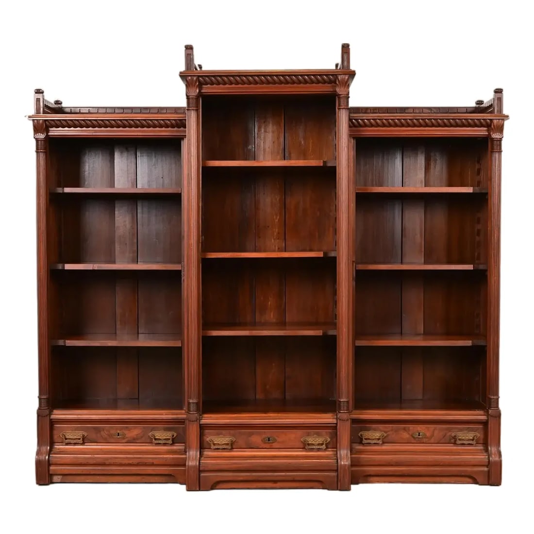 Herter Brothers Style Antique Eastlake Victorian Carved Walnut and Burl Wood Triple Bookcase (1 of 11)