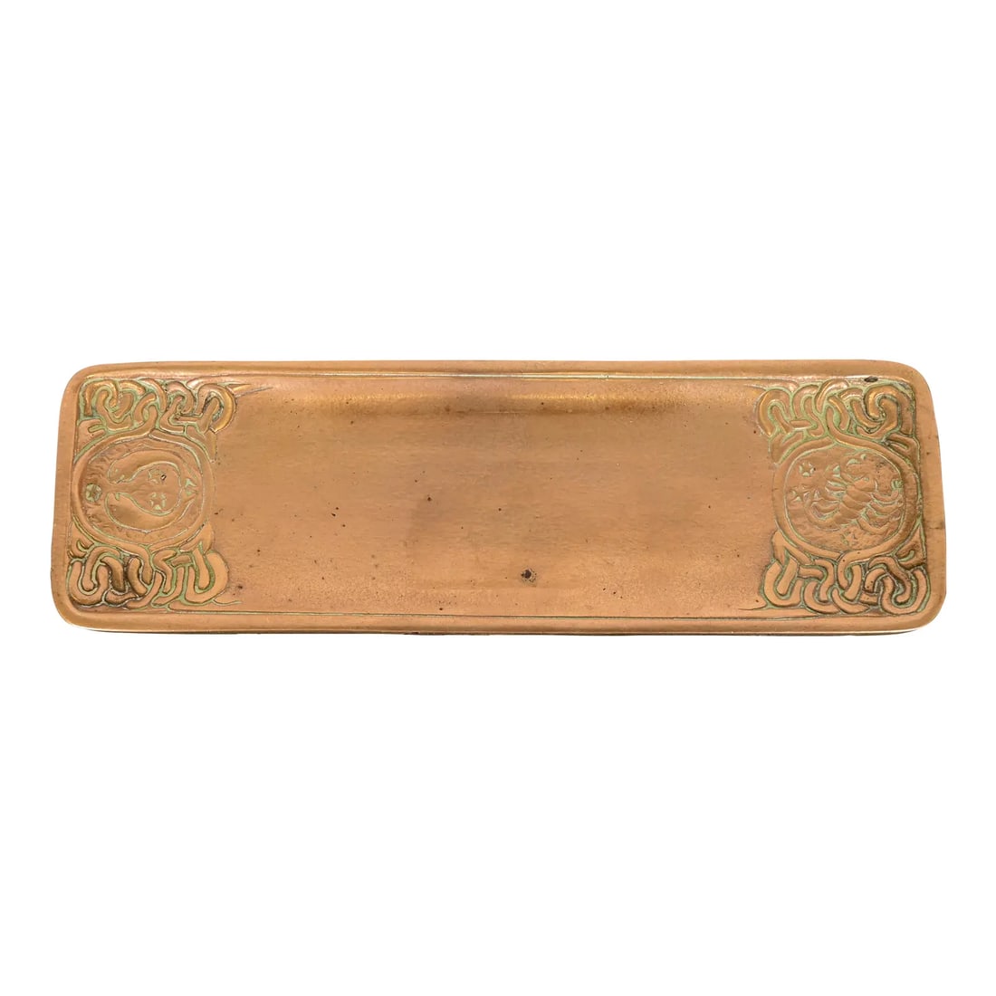Tiffany Studios New York Zodiac Bronze Doré Pen Tray: A gorgeous antique Art Deco or Arts & Crafts gilt bronze pen tray featuring Zodiac designs By Tiffany Studios (signed to the underside) New York, USA, Early 20th Century Measures: 9.75"W x 3.25"D x 0.