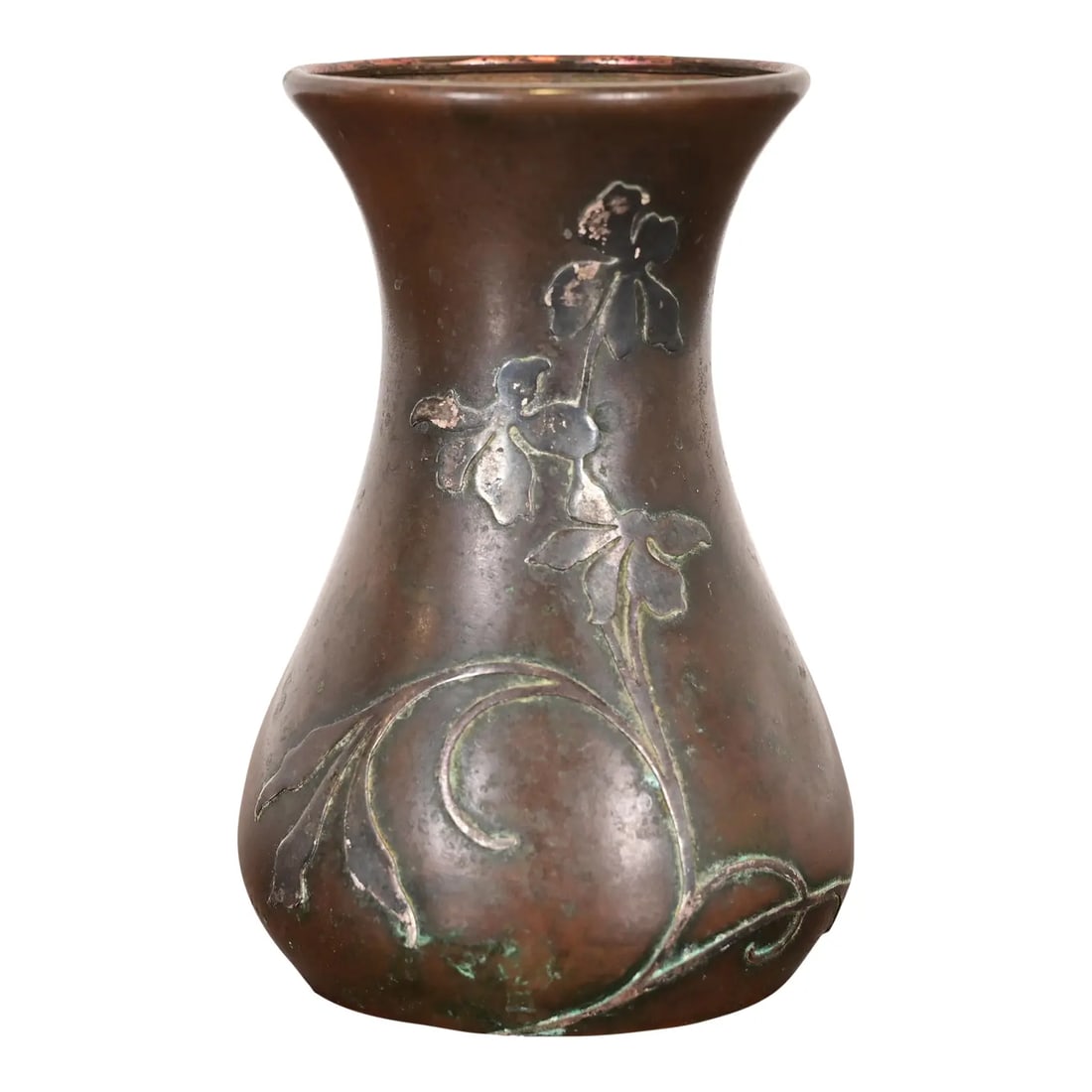 Heintz Arts & Crafts Sterling Silver on Bronze Petite Vase: A beautiful Arts & Crafts period sterling silver on bronze petite vase with floral motif By Heintz Art Metal Shop USA, Early 20th Century Measures: 2.75"W x 2.75"D x 4"H. Good original vintage conditi