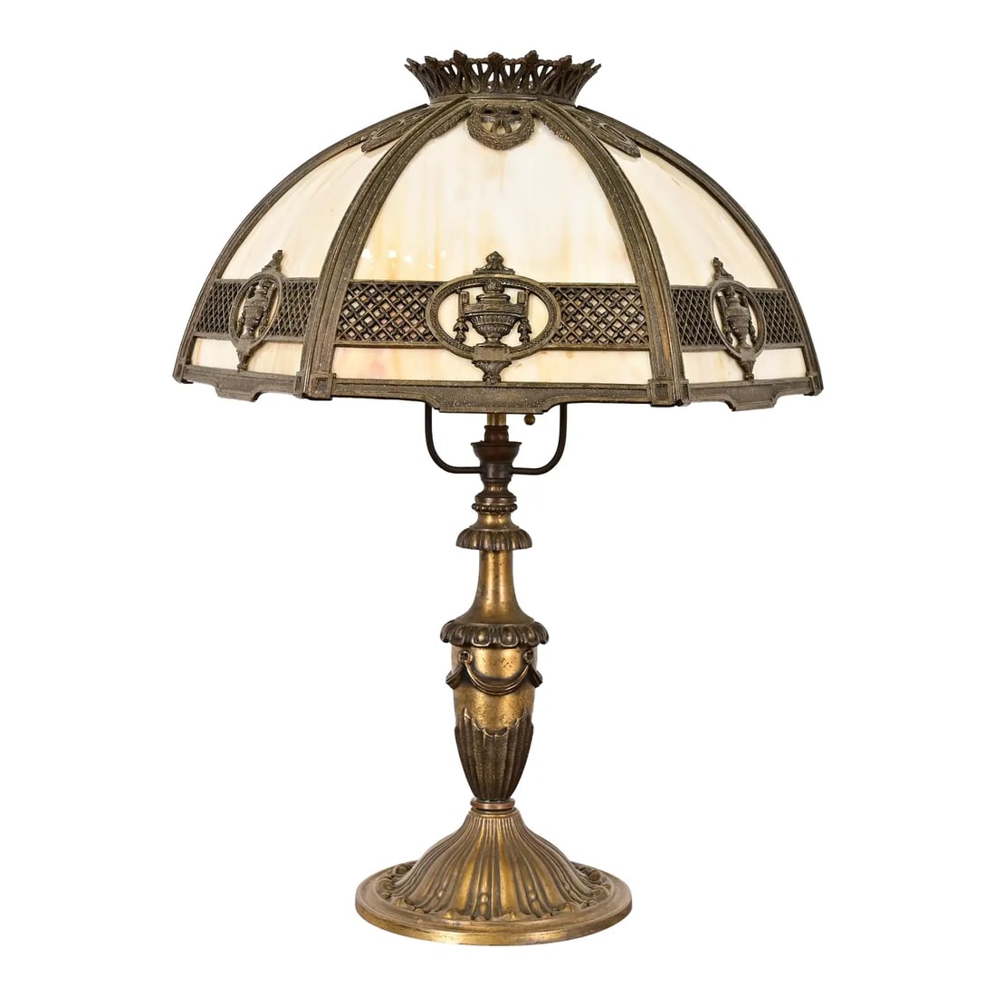 Bradley & Hubbard Antique Art Nouveau Slag Glass Table Lamp, Circa 1910: An exceptional antique Art Nouveau or Arts & Crafts period table lamp with gorgeous six-panel curved caramel slag glass shade By Bradley & Hubbard USA, Early 20th Century Measures: 16.5"W x 16.5"D x 2