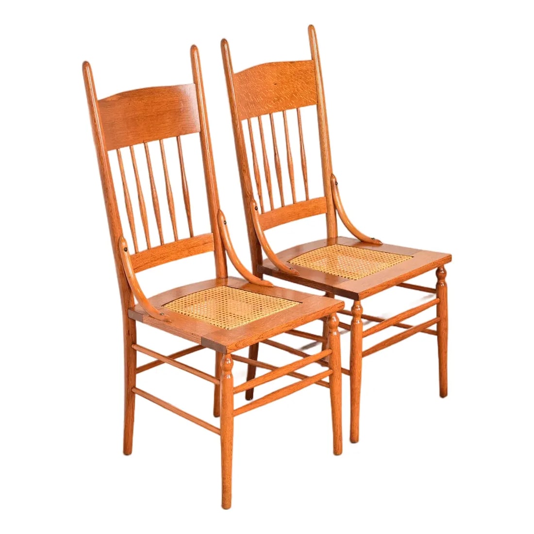 Limbert Style Antique Arts & Crafts Carved Oak Cane Seat Spindle Back Side Chairs or Dining Chairs (1 of 11)