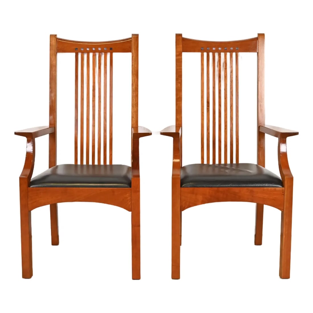 Stickley Mission Arts & Crafts Cherry Wood High Back Spindle Armchairs, Pair (1 of 12)