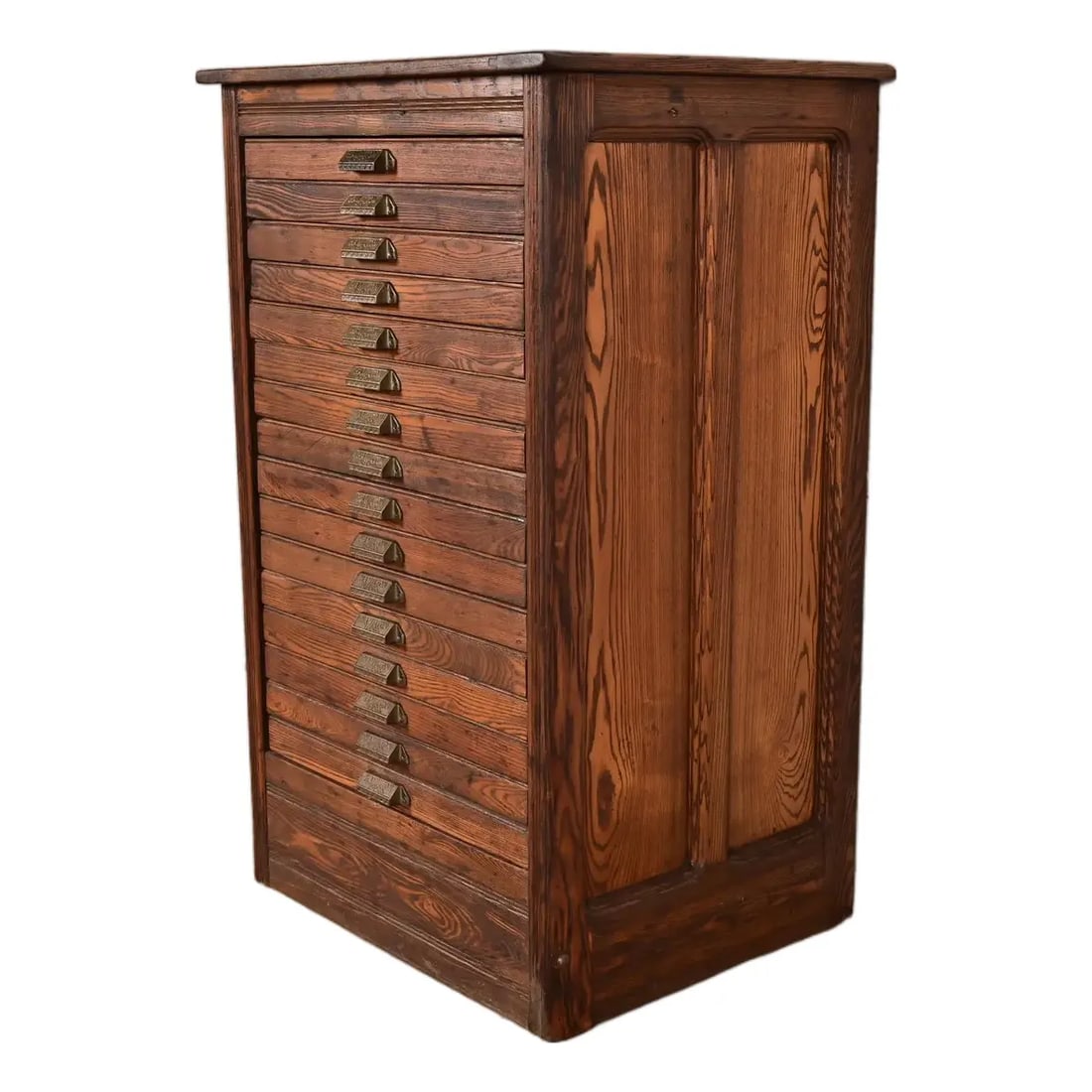 Antique Oak 16-Drawer Architect's Blueprint Flat File Cabinet by Hamilton, Circa 1900: A rare and exceptional antique Arts & Crafts 16-drawer architect's blueprint flat file cabinet or printer's cabinet By Hamilton Manufacturing Co. USA, Circa 1900 Oak, with original iron hardware. Meas