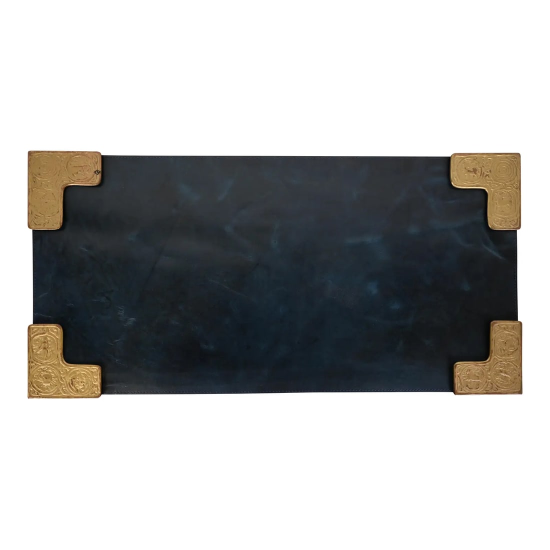 Tiffany Studios New York Zodiac Bronze Doré Blotter Corners With Leather Desk Blotter: A gorgeous set of four Art Deco or Arts & Crafts period gilt bronze blotter corners featuring symbols of the Zodiac, with a custom blue leather desk blotter. By Tiffany Studios (blotter corners signed