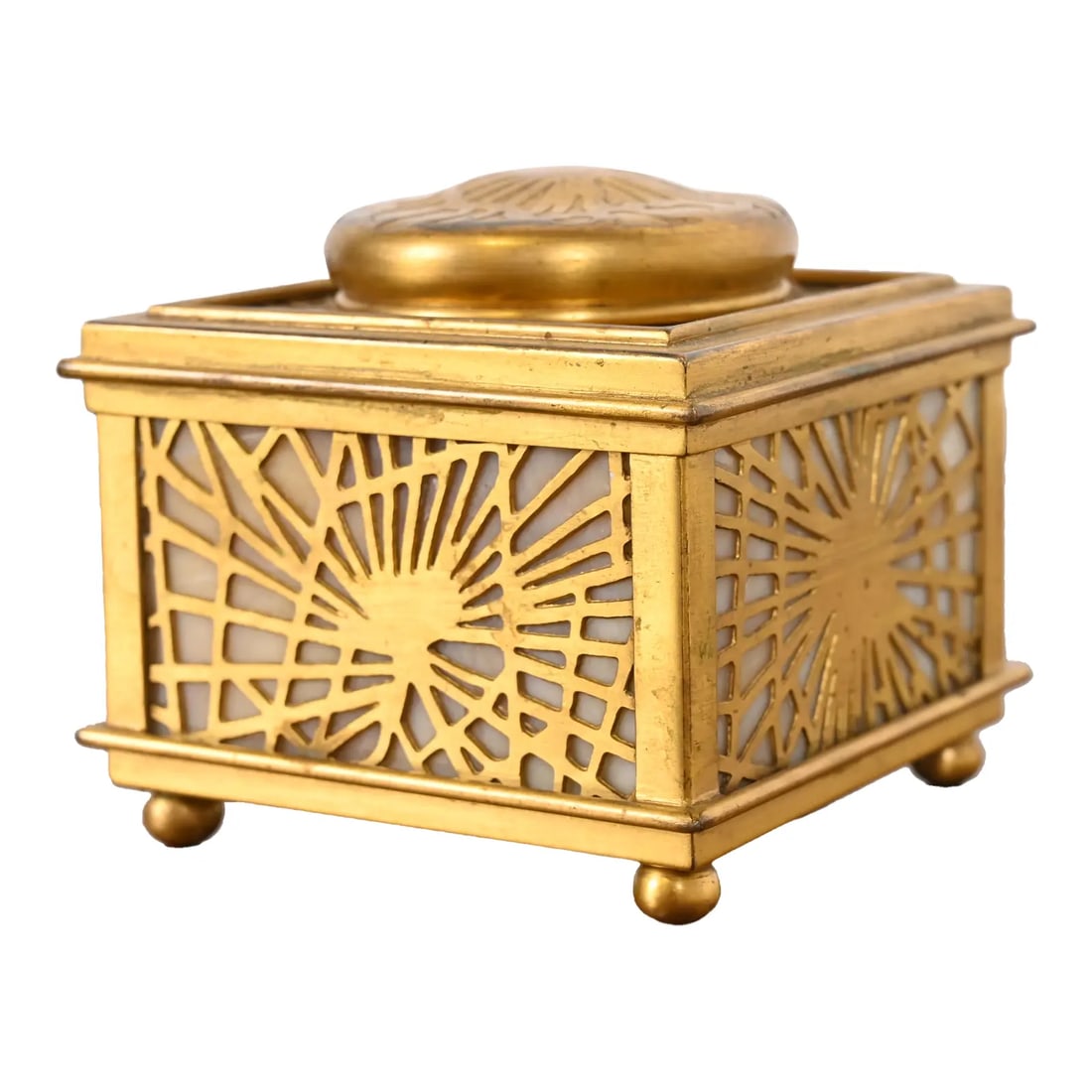 Tiffany Studios New York Pine Needle Bronze Doré and Favrile Slag Glass Inkwell: A gorgeous Arts & Crafts or Art Deco period gilt bronze and favrile slag glass "Pine Needle" pattern inkwell By Tiffany Studios (signed to the underside) New York, USA, Early 20th Century Measures: 3.