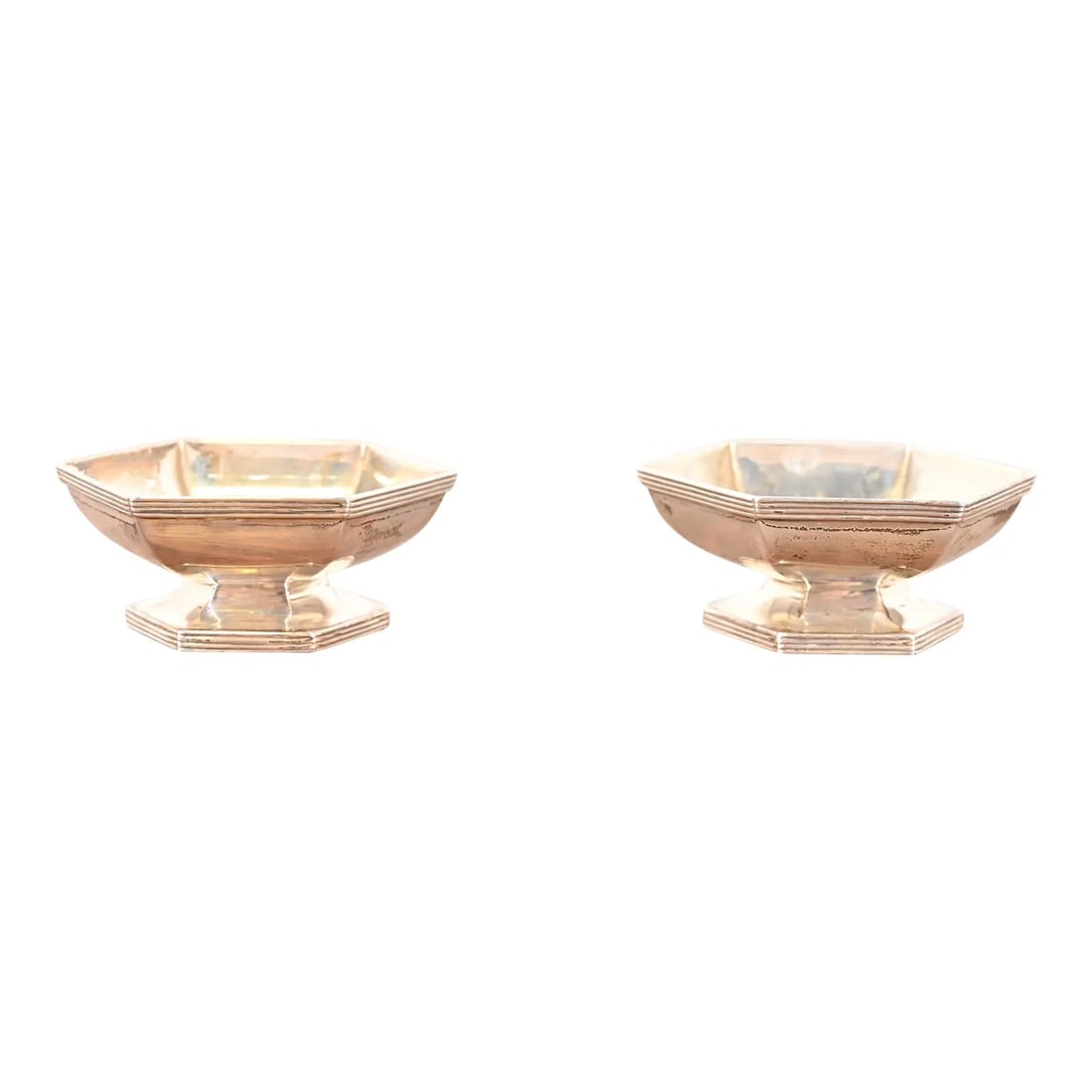 Tiffany & Co. Antique Art Deco Sterling Silver Salt Cellars, Pair: A gorgeous pair of antique Art Deco period sterling silver salt cellars By Tiffany & Co. (signed to the underside) USA, Early 20th Century Each measures: 3"W x 3"D x 1.25"H. Good original vintage cond