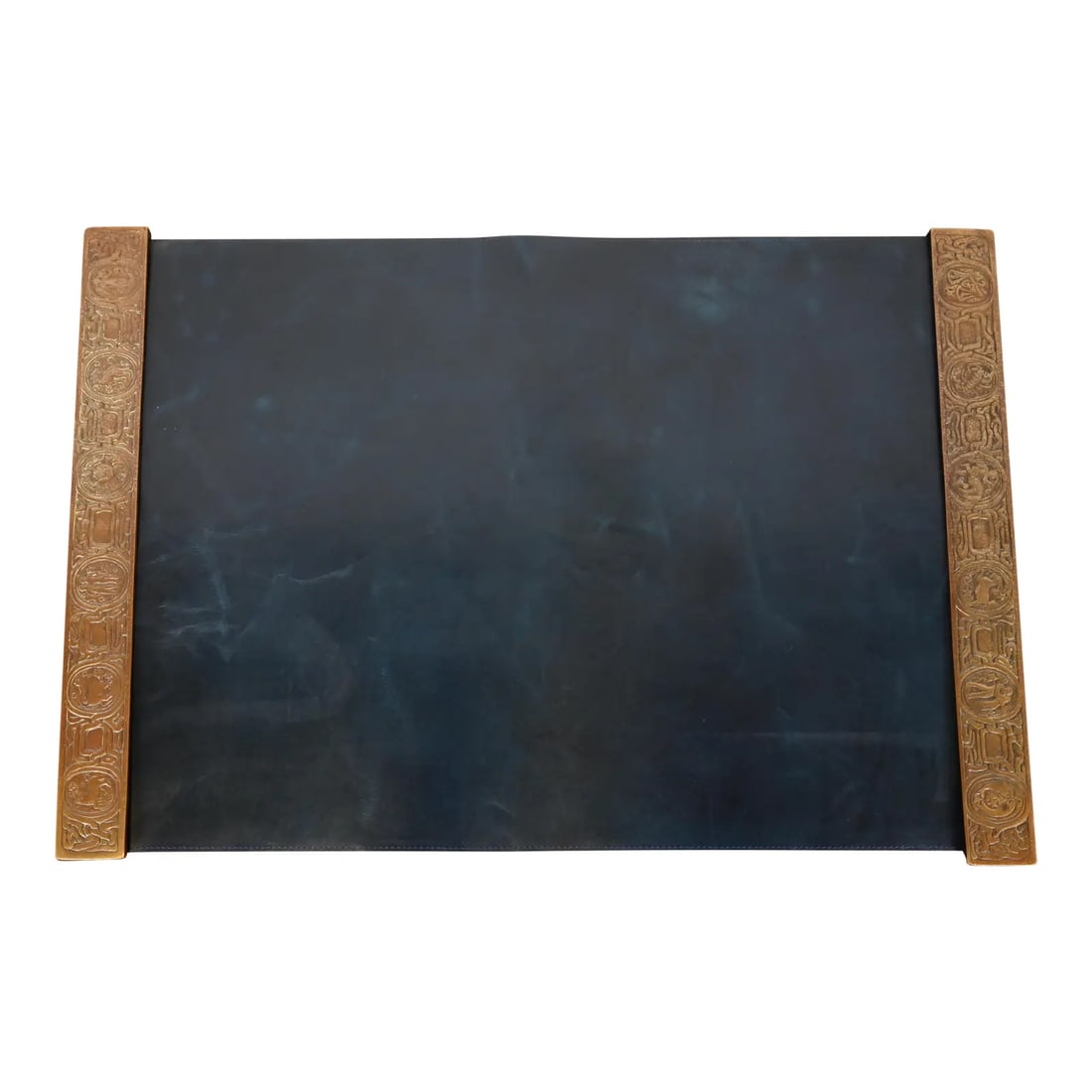 Tiffany Studios New York Zodiac Bronze Blotter Ends With Leather Desk Blotter: A gorgeous pair of Art Deco or Arts & Crafts period bronze blotter ends featuring symbols of the Zodiac, with a custom blue leather desk blotter. By Tiffany Studios (blotter ends signed to the undersi