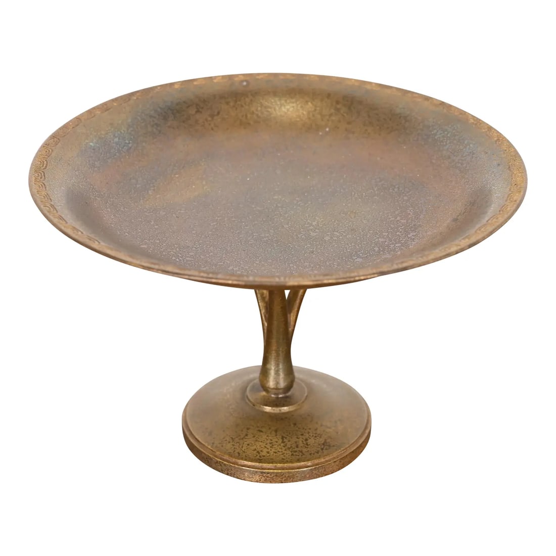Tiffany Studios New York Bronze Pedestal Bowl or Compote Dish: A gorgeous Arts & Crafts or Art Deco period bronze pedestal bowl or compote dish By Tiffany Studios (signed to the underside) New York, USA, Early 20th Century Measures: 7.13"W x 7.13"D x 4.63"H. Good