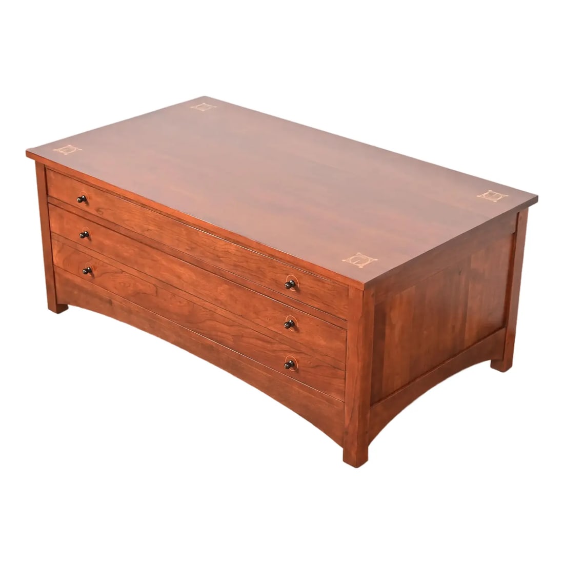 Stickley Harvey Ellis Collection Arts & Crafts Inlaid Cherry Wood Coffee Table: An exceptional Mission or Arts & Crafts style coffee or cocktail table with two drawers By Stickley, "Harvey Ellis Collection" USA, Early 21st Century Solid cherry wood, with inlaid marquetry on four