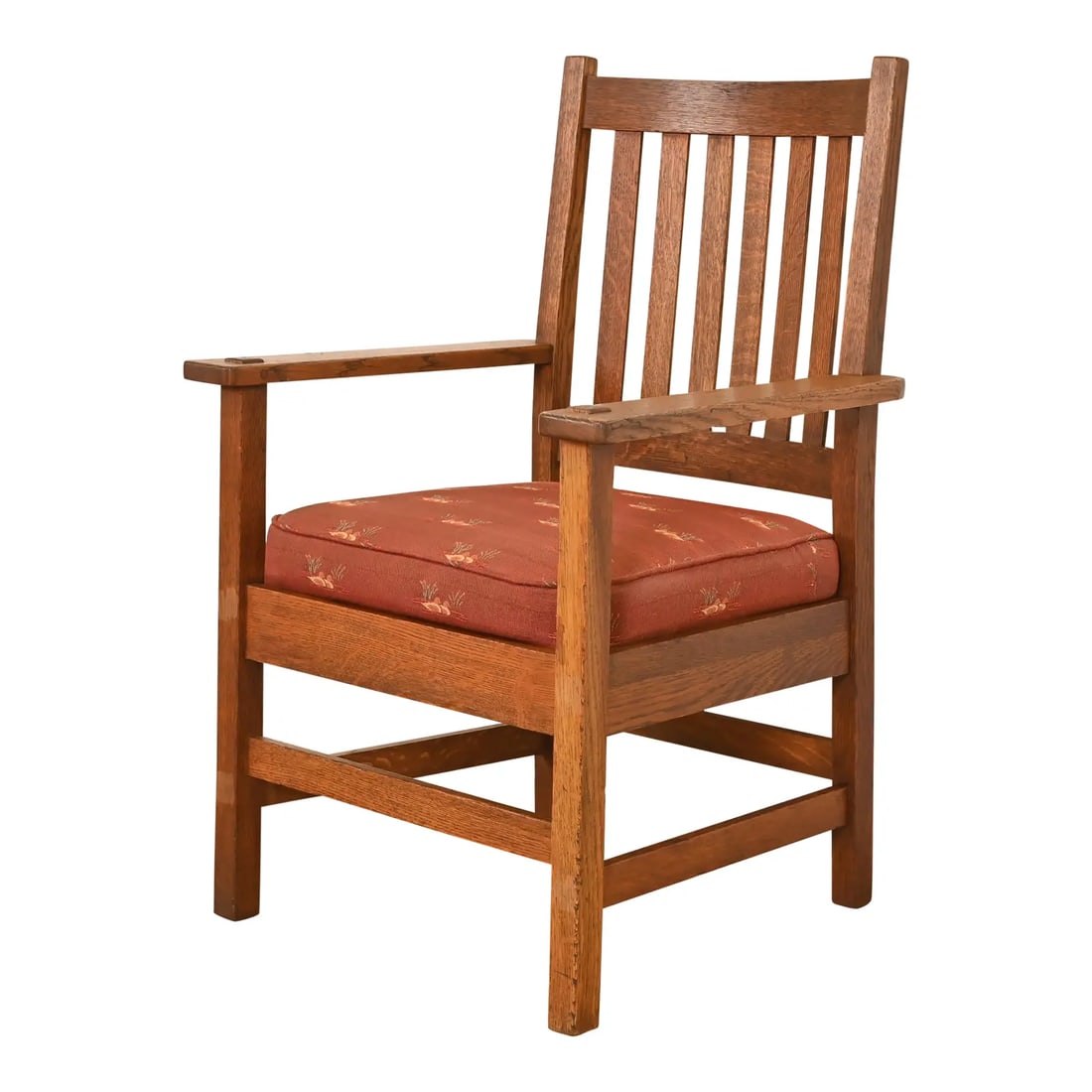 Stickley Brothers Antique Mission Oak Arts & Crafts Armchair, Circa 1900: A gorgeous antique Mission or Arts & Crafts period club chair or dining armchair By Stickley Brothers USA, Circa 1900 Solid quarter sawn oak frame, with upholstered seat. Measures: 25.25"W x 21"D x 35
