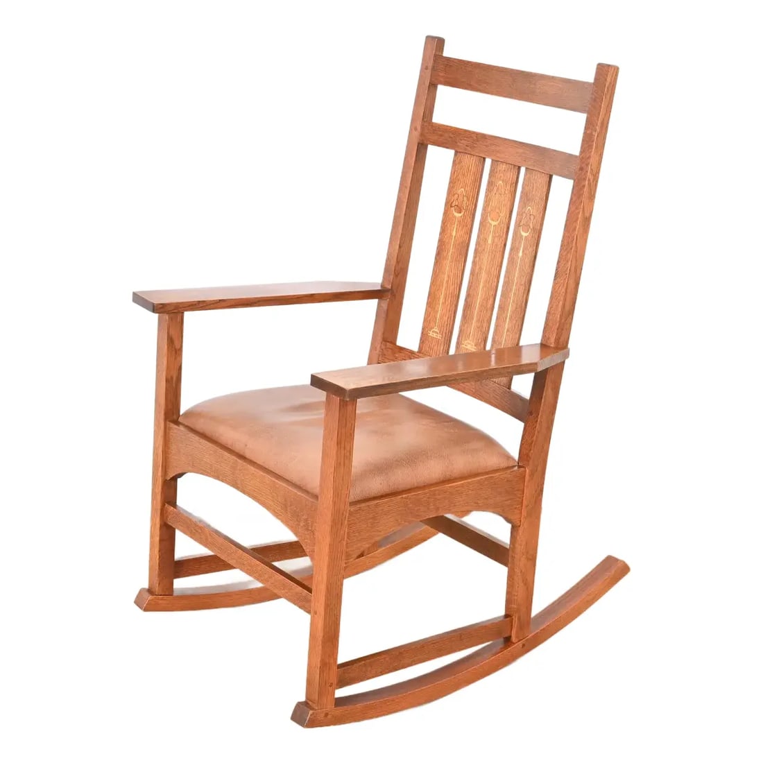 Stickley Harvey Ellis Collection Mission Arts & Crafts Inlaid Oak and Leather Rocking Chair (1 of 12)