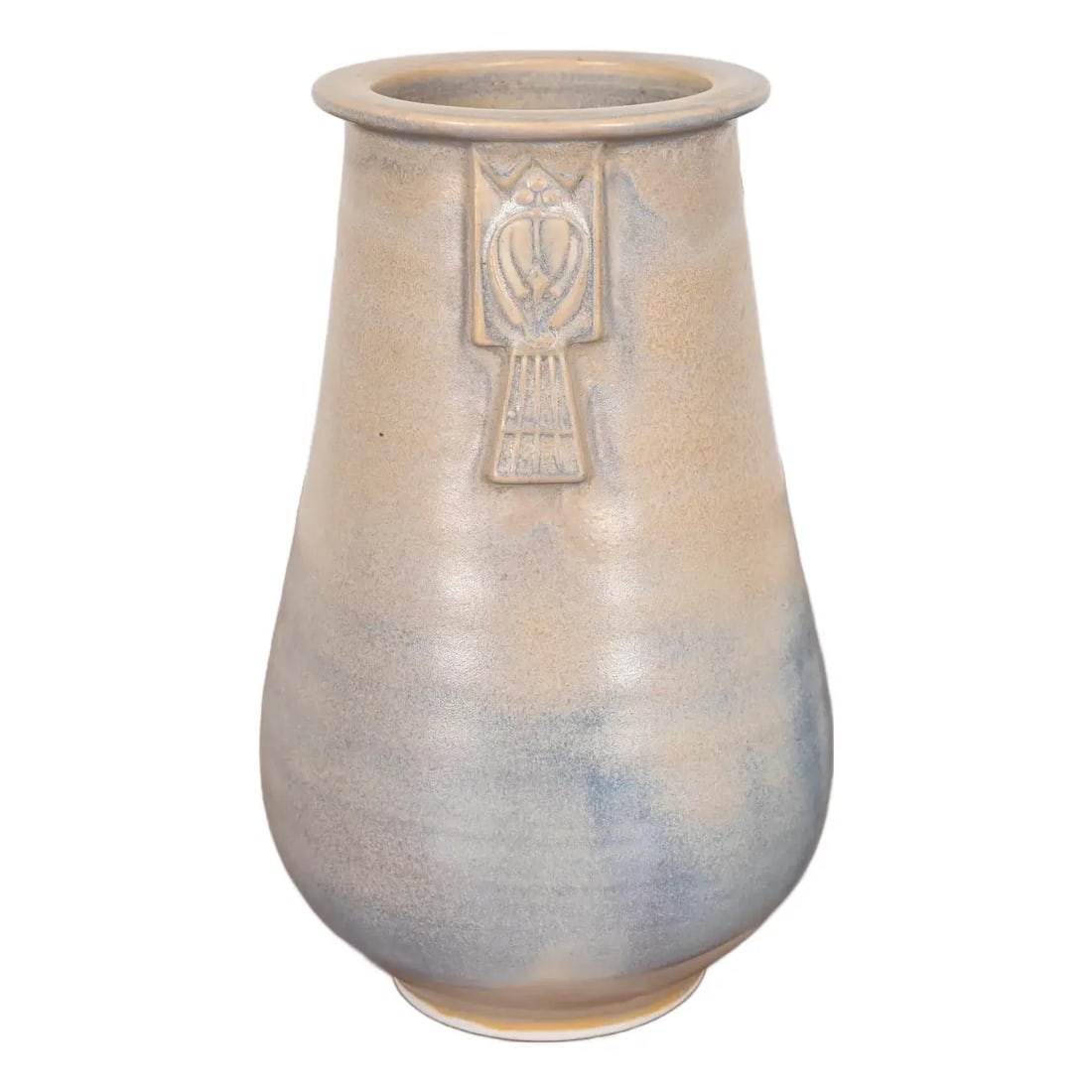 Roycroft Pottery Arts & Crafts Glazed Ceramic Vase: A gorgeous Arts & Crafts glazed ceramic art pottery vase By Roycroft Pottery USA, Circa Late 20th Century Glazed ceramic, in a beautiful beige and blue color. Measures: 5"W x 5"D x 9"H. Very good orig